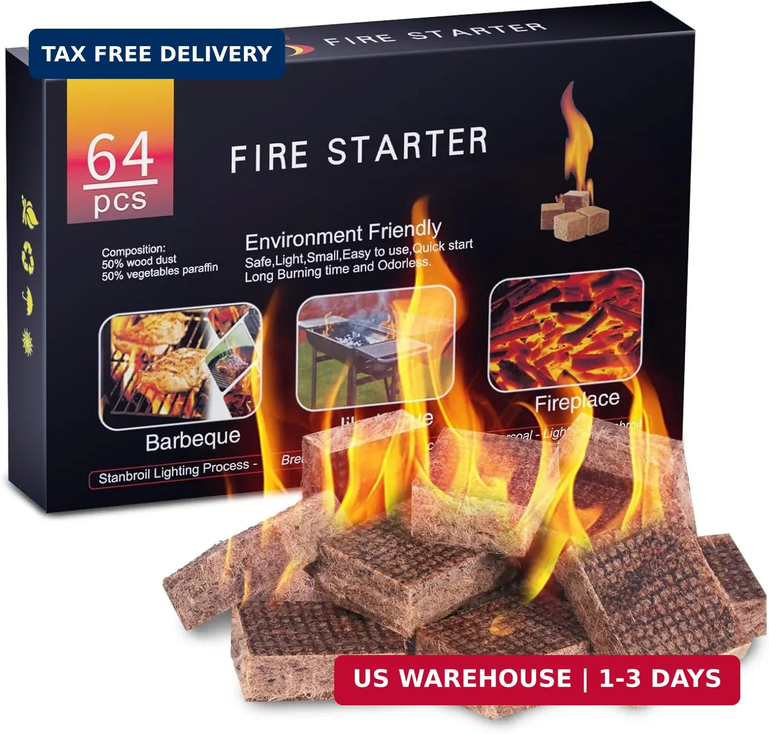 HGD Fire Starter, 64 Mini Square, Natural Fire Starters for BBQ, Campfire, Firep