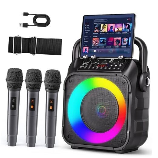 Karaoke Machine, Portable Bluetooth Speaker with 3 Wireless Microphones 3 Mics