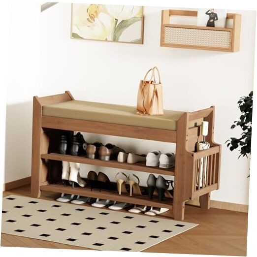 39Inch Bench with Storage, Bamboo Entryway Bench with Drawer & Magazine Rack,