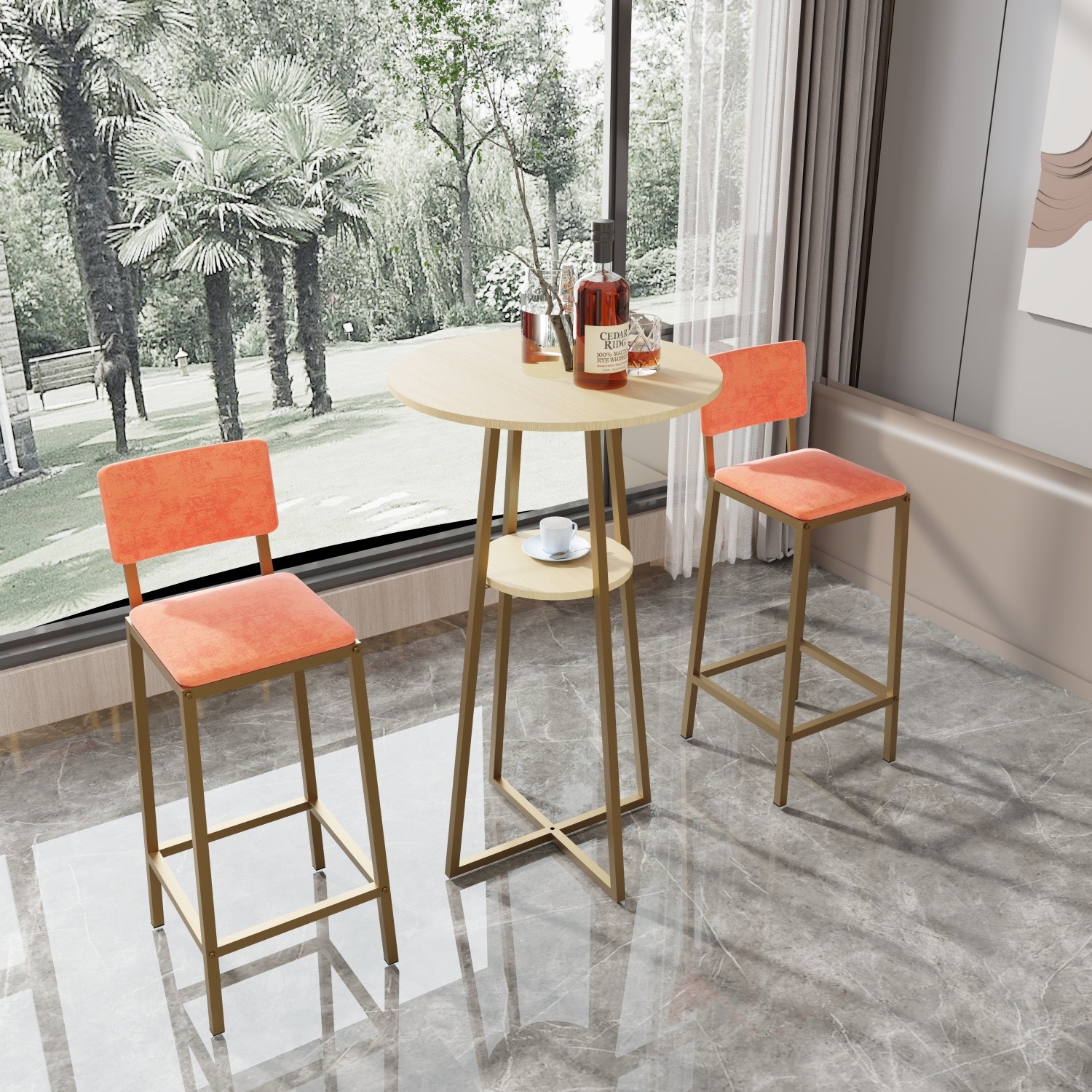 3 Piece Bar Table Set Counter Height Kitchen Round Dining Table w/ 2 Bar Chairs
