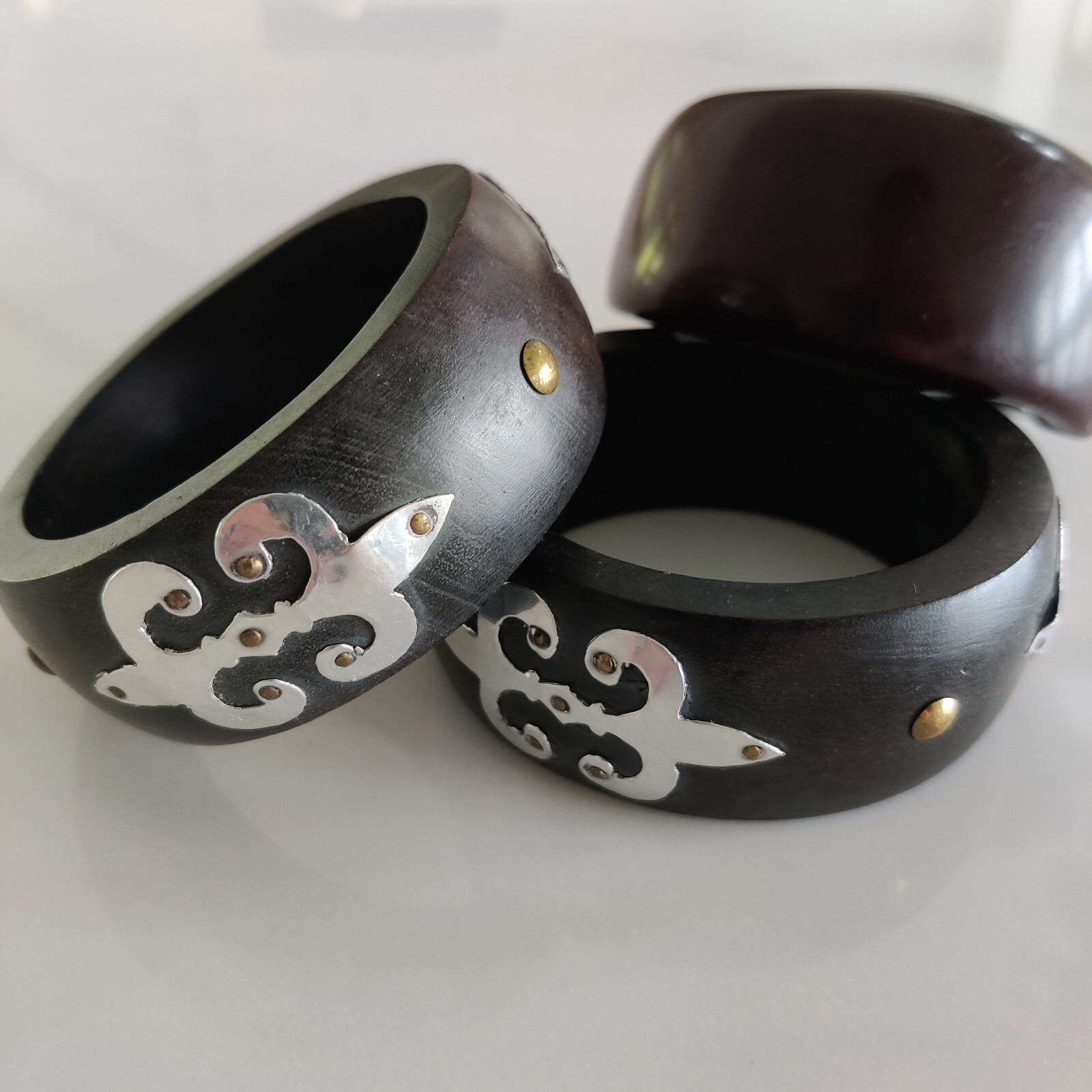 Three Wooden Handcrafted Bohemian Bangles Studs, metal work, one freeform Heavy