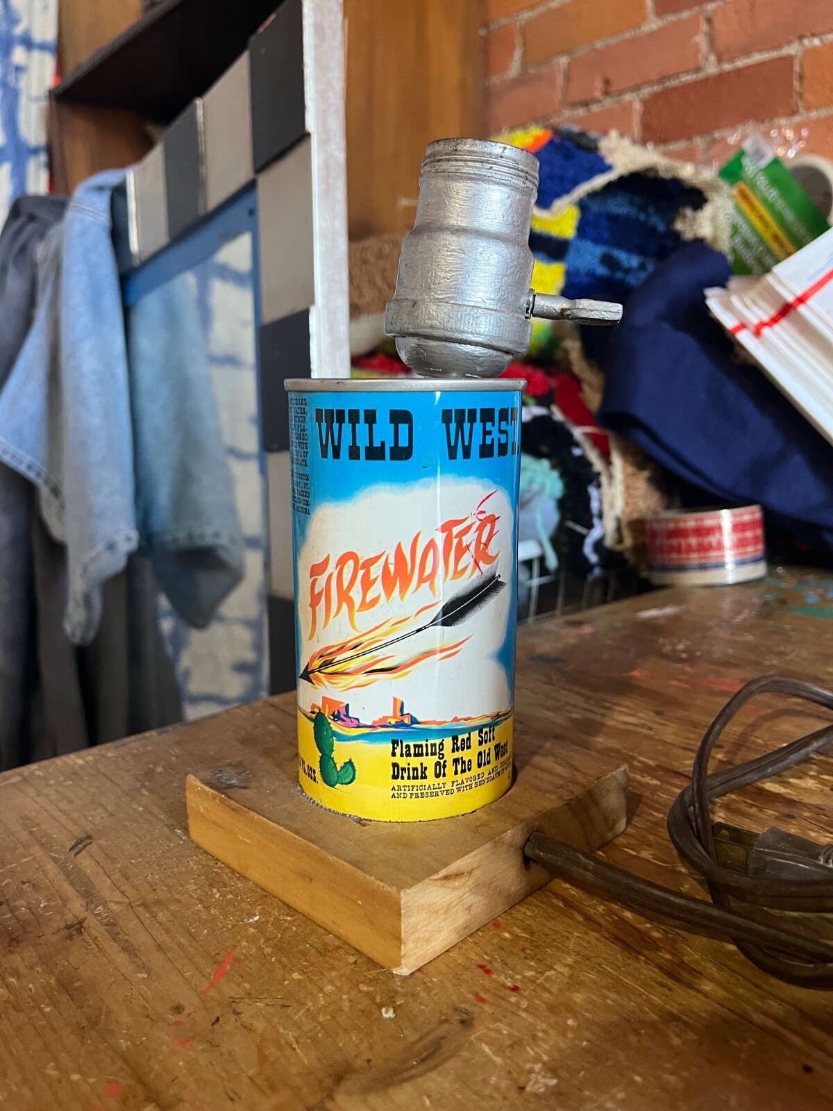 Vintage Wild West Fire Water Soda Can Desk Lamp