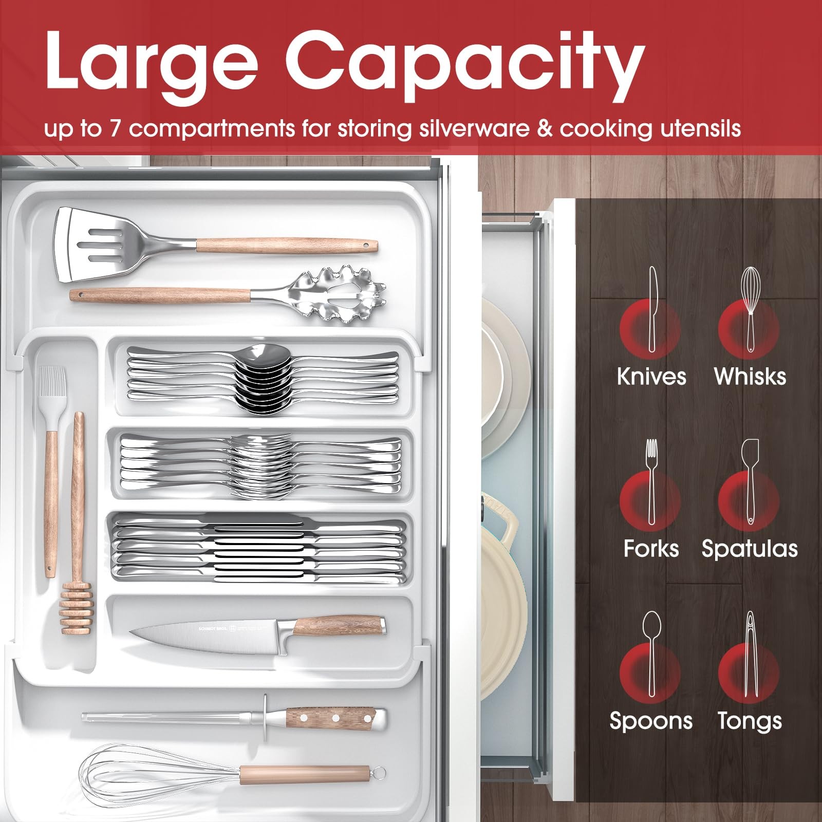 Aujen Silverware Organizer - Expandable Kitchen Drawer Medium, White