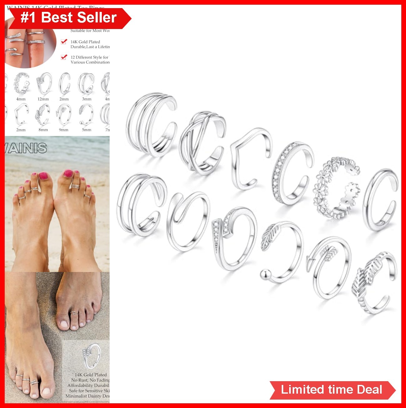 12pcs Toe Rings for Women Open Adjustable Gold Plated Non Tarnish Summer Beach