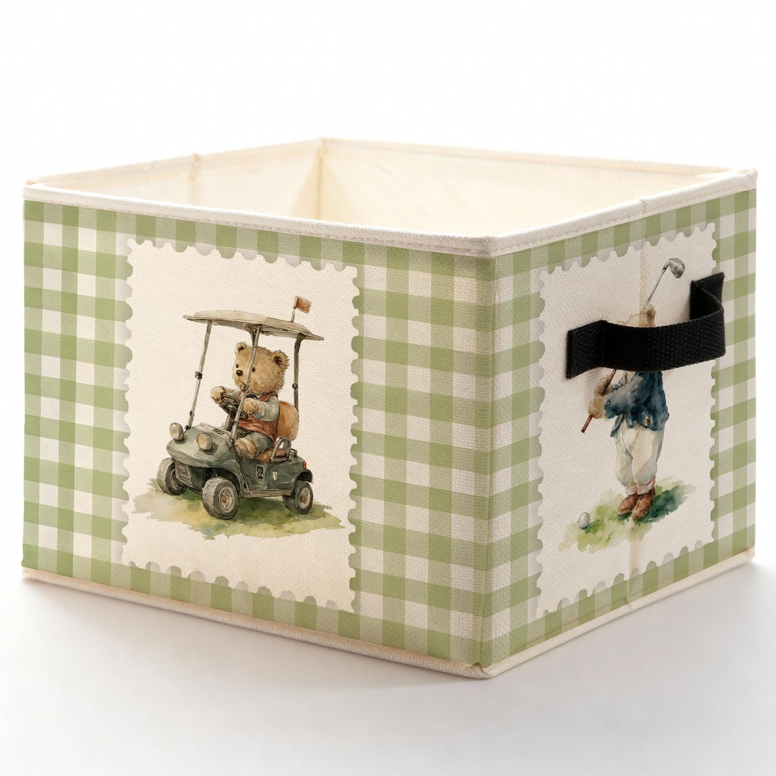 Bear Golfer Golf Nursery Storage Bins with Handles, Sage Green Checkered Bear...