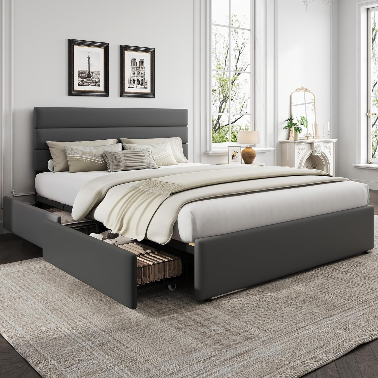 WLIVE Queen Size Upholstered Bed Frame with 4 Storage Drawers and Headboard, Vel