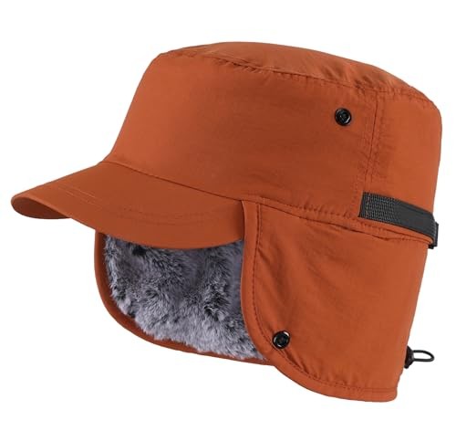 Men's Winter Hat with Visor Warm Earflaps Hat Fully Lined Faux Fur Baseball