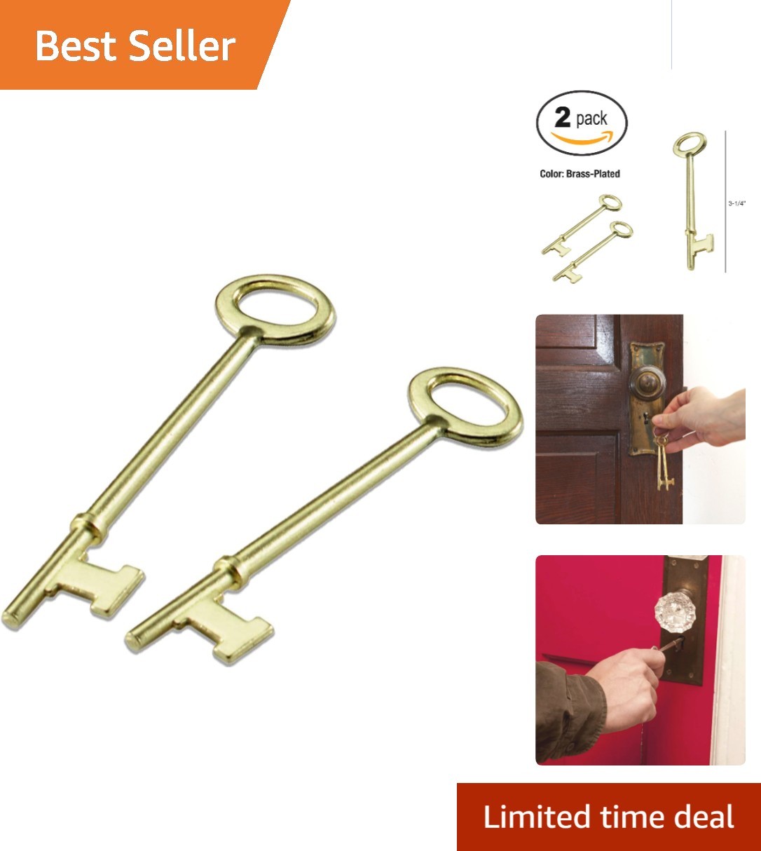 Durable Brass-Plated Zinc Skeleton Keys - Antique Flat Tip Design, 2 Pack