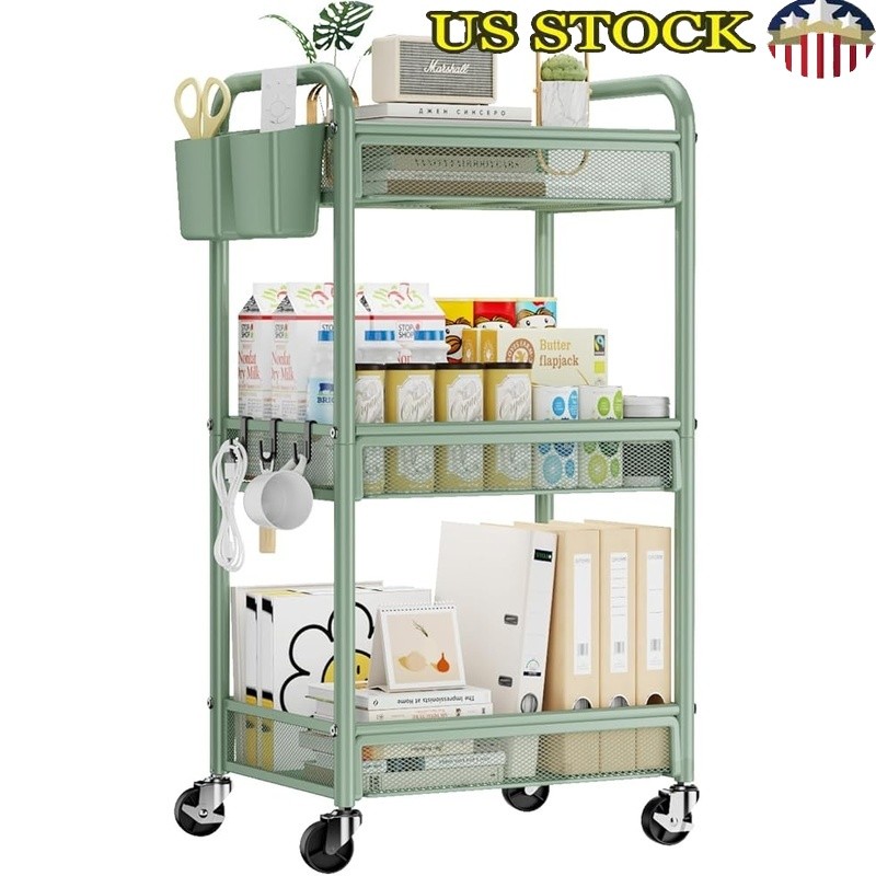 3 Tier Metal Rolling Cart on Wheels Sturdy Storage Baskets Hooks Utility Cart US