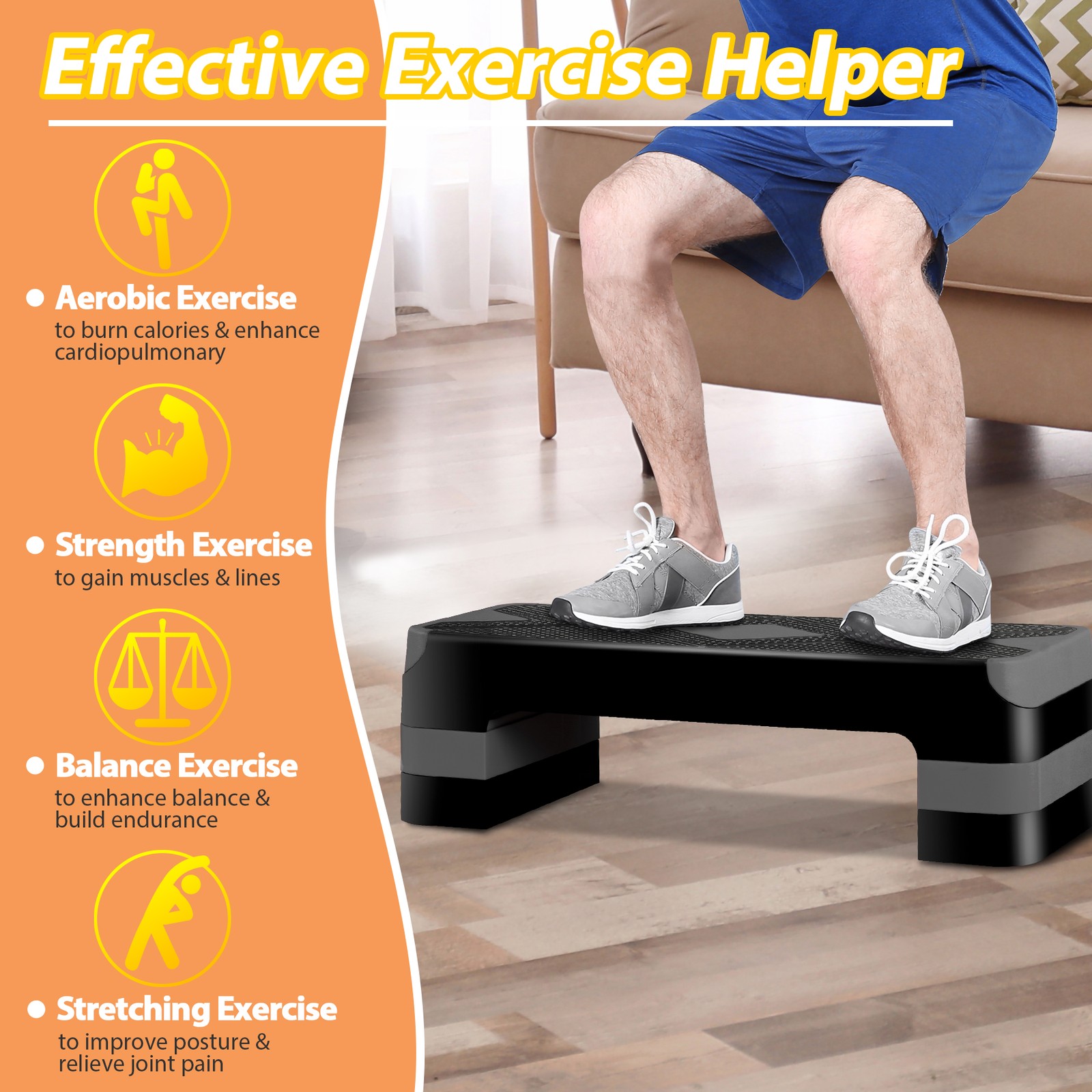 Aerobic Step Platform Exercise Step Adjustable Height 4"-6''-8' w/4 Risers Grey