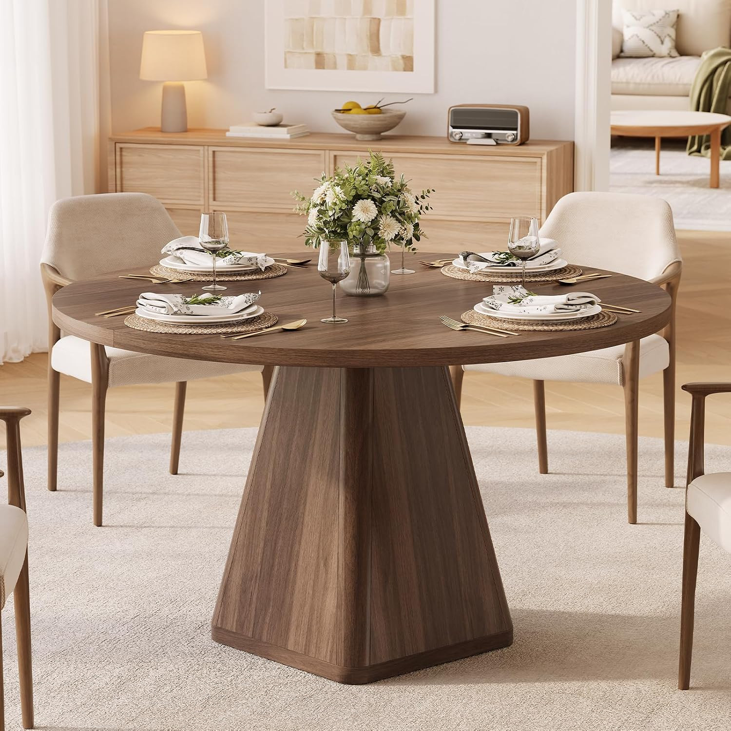 47 Inch round Dining Table for 4-6, Pedestal Kitchen Dinner Table Walnut | Circl
