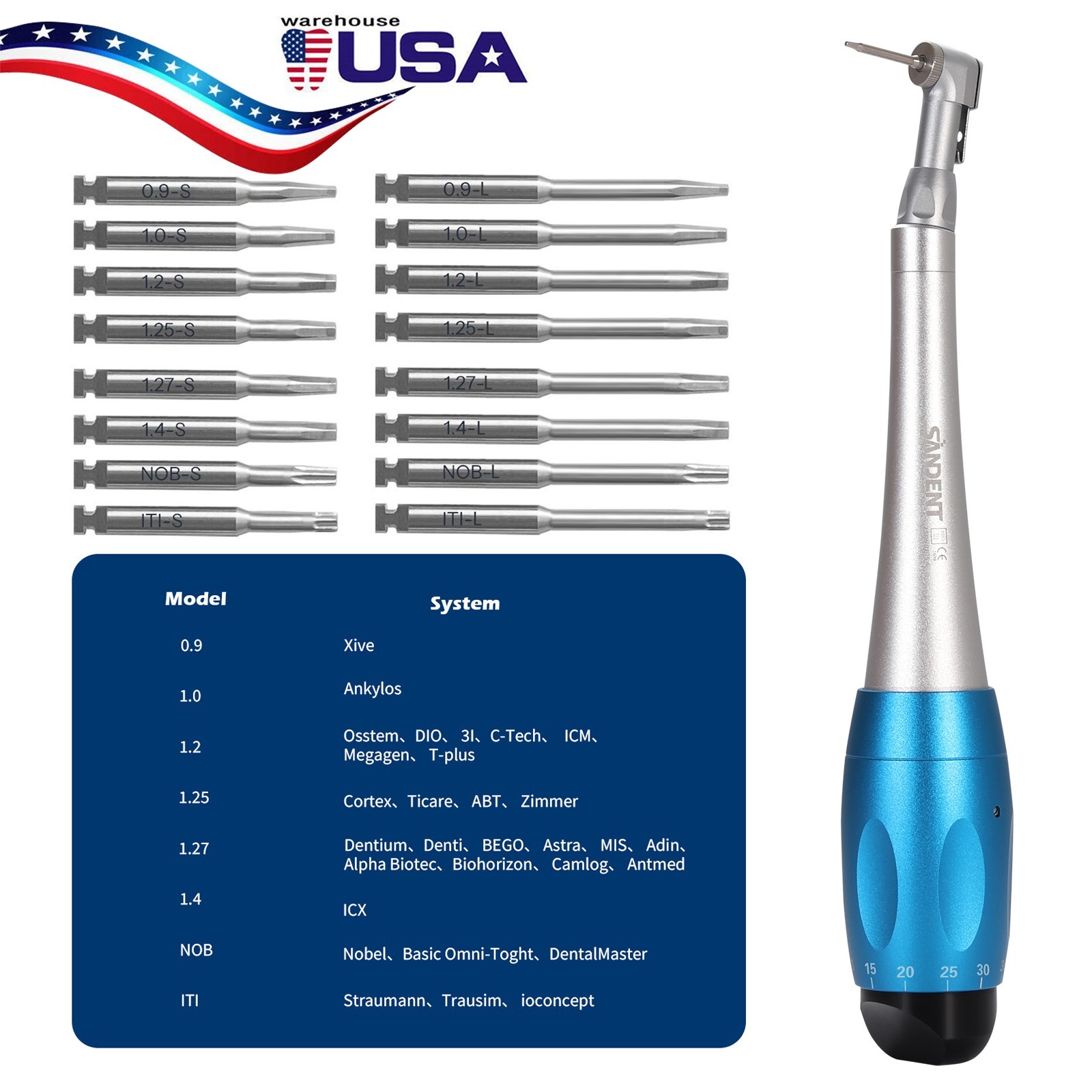 Dental Torque Wrench Universal Implant Kit Contra Angle&16 Drivers Implant Kit