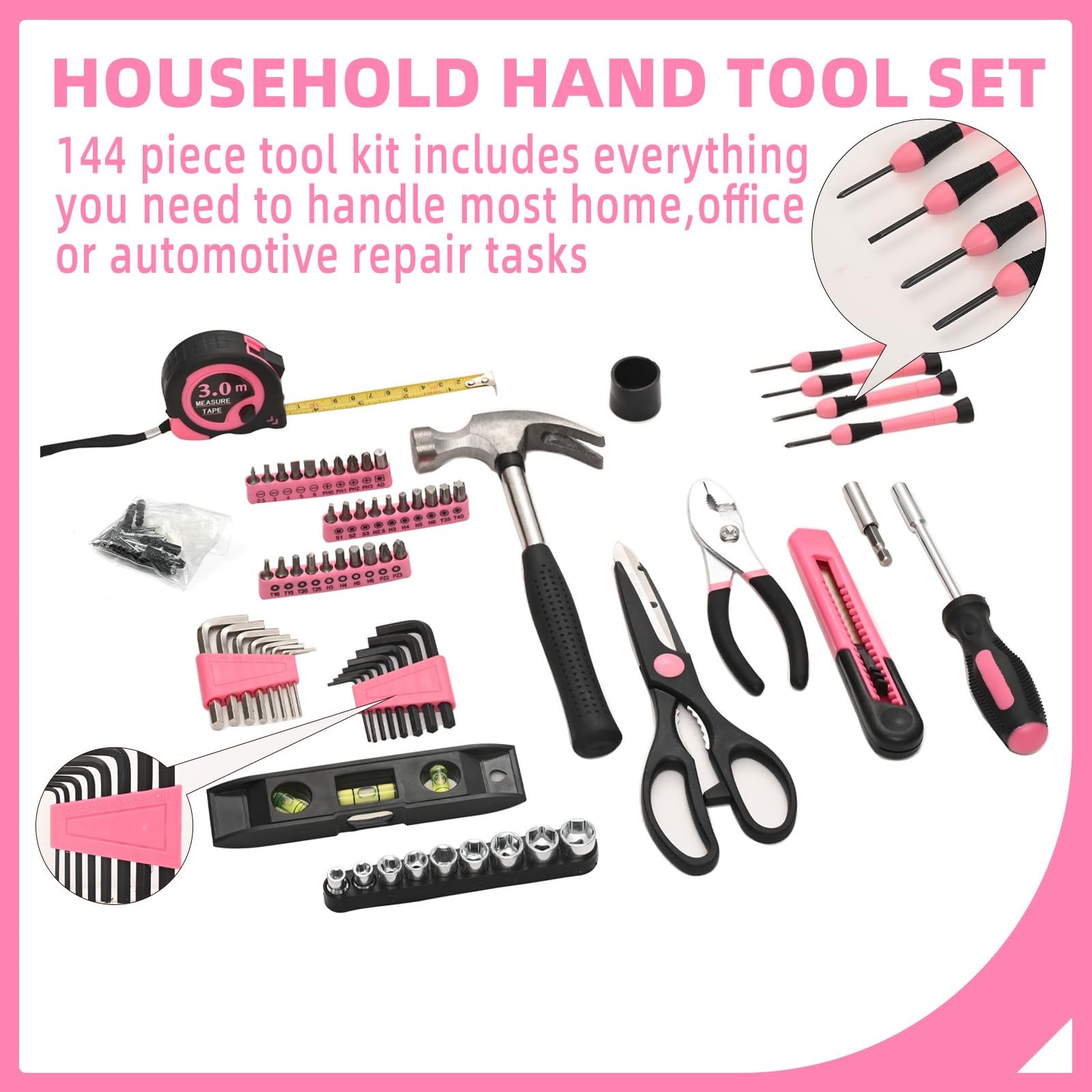 144-Piece Pink Tool Kit Basic Home Repair Tool Set General Household Hand Too...