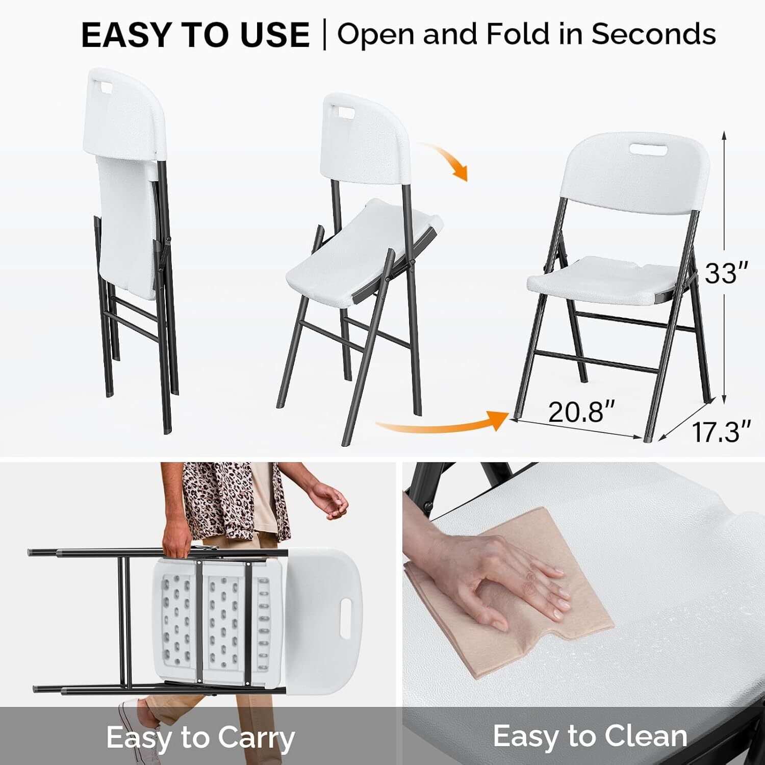 VINGLI Folding Chairs, Heavy Duty Foldable Chair Portable HDPE Plastic Seat
