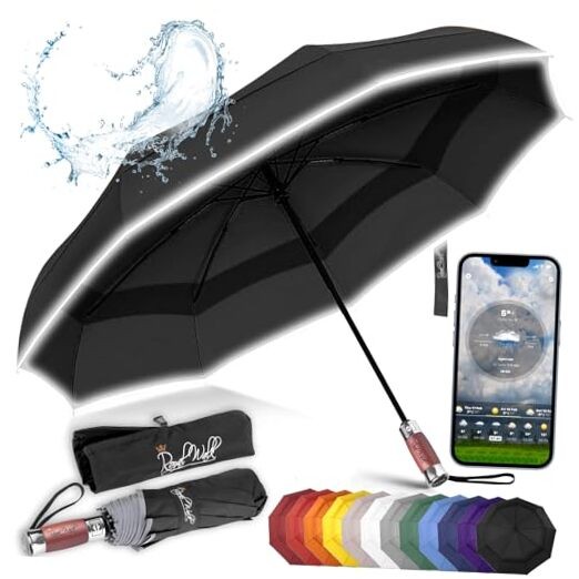 Windproof Folding Travel Umbrella Compact and Strong Luxurious Real Wood Black