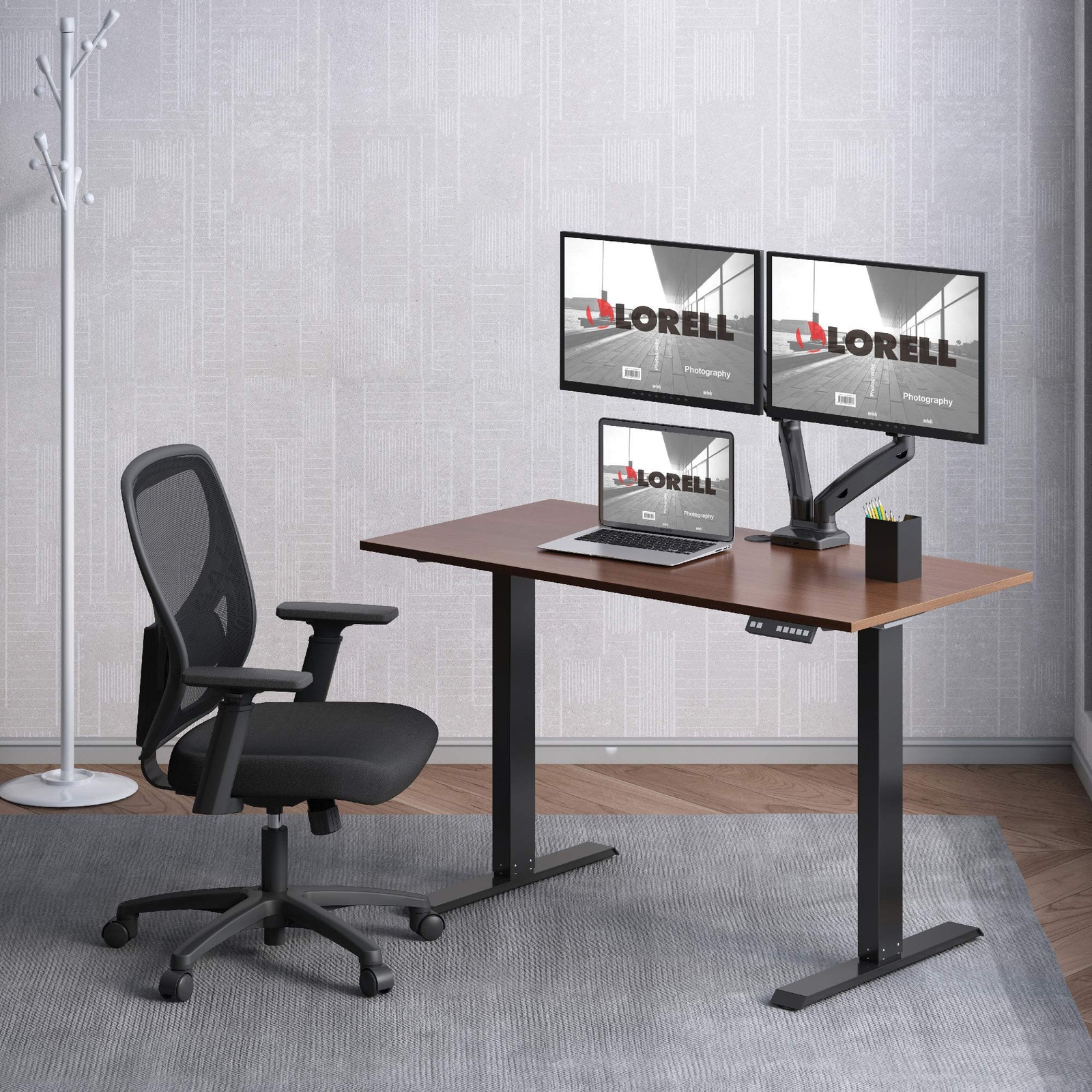 Lorell Height-Adjustable 2-Motor Walnut Desk