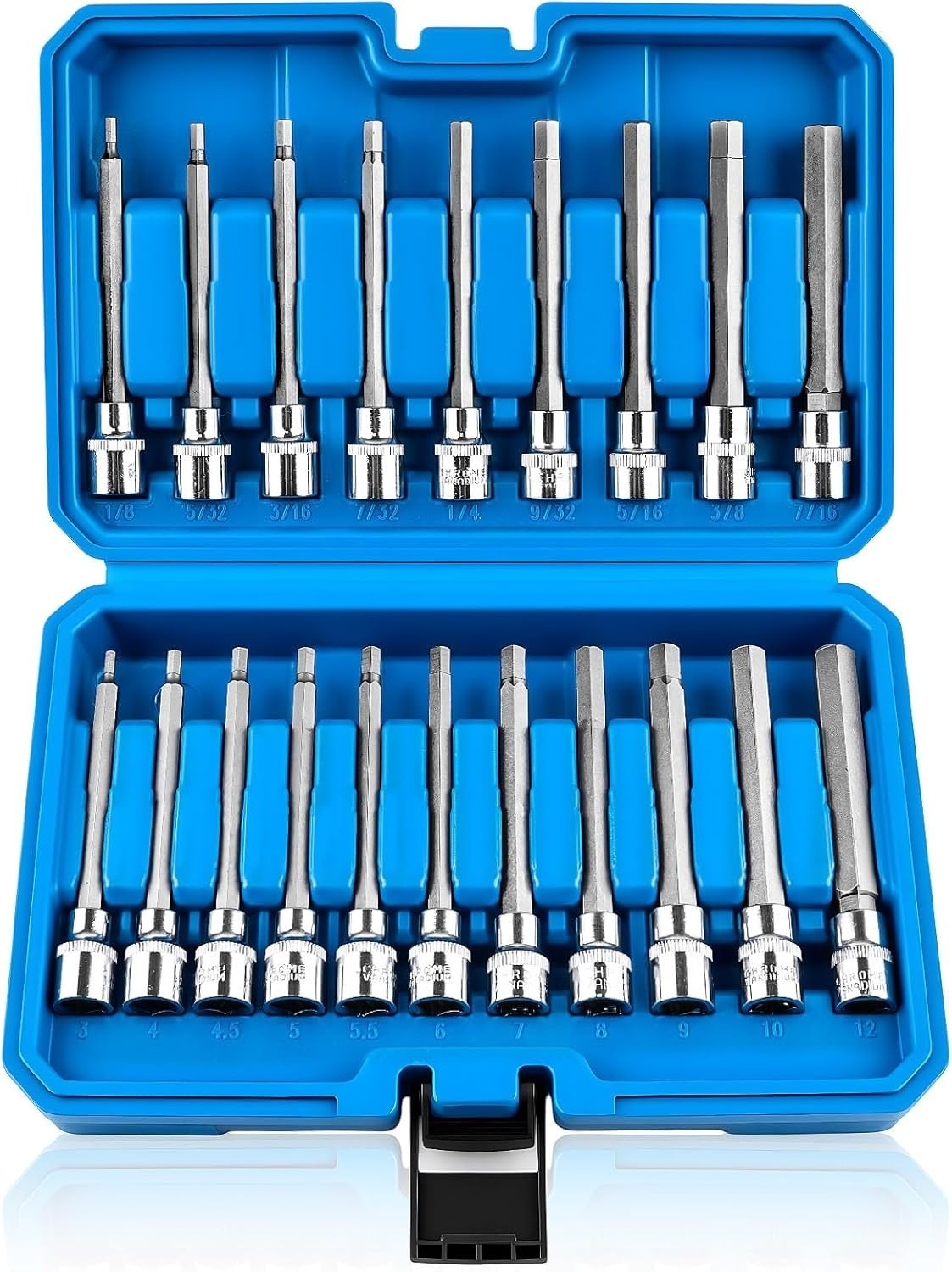 20PCS Extra-Long Allen Hex Bit Socket Set, 3/8 Inch Drive Allen Socket Set, SAE