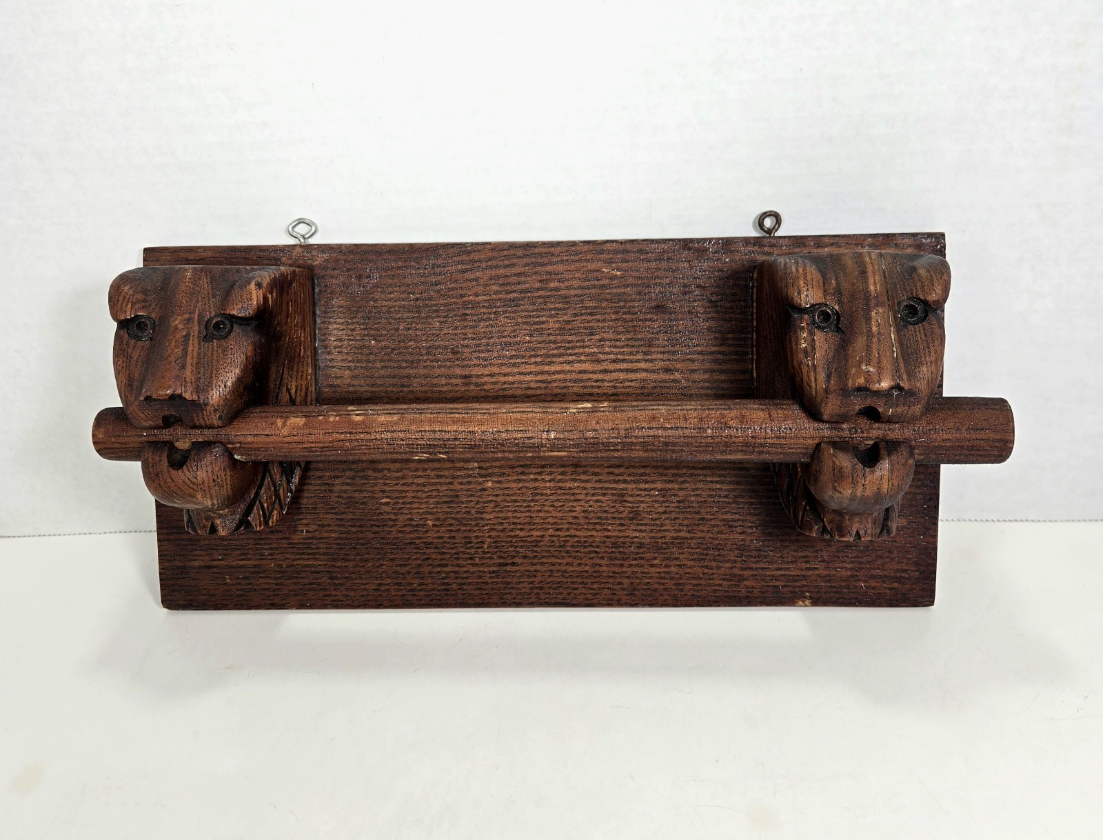 Vintage Woden Kitchen Towel Holder Lions Head's 11" Long 5" High Wall Hanging