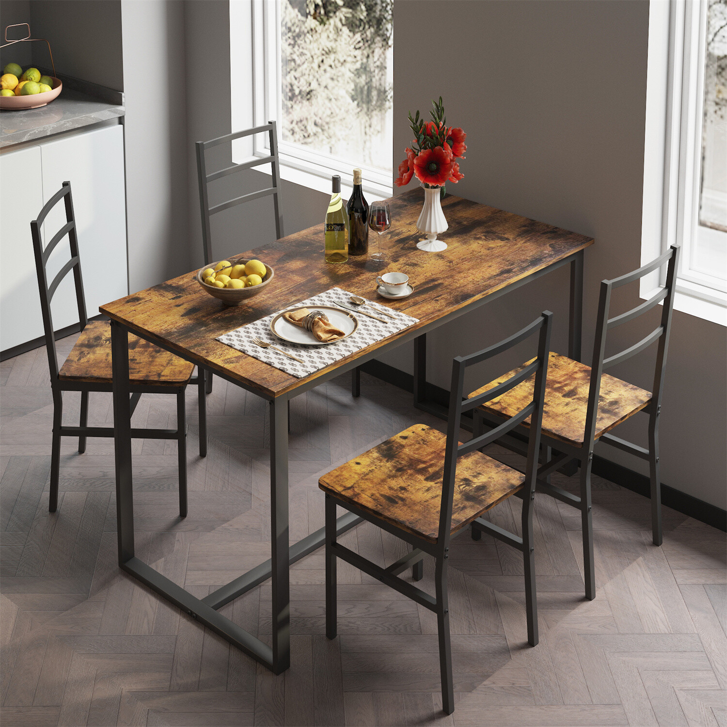 5 Piece Dining Set Table with 4 Chairs Home Kitchen Breakfast Furniture
