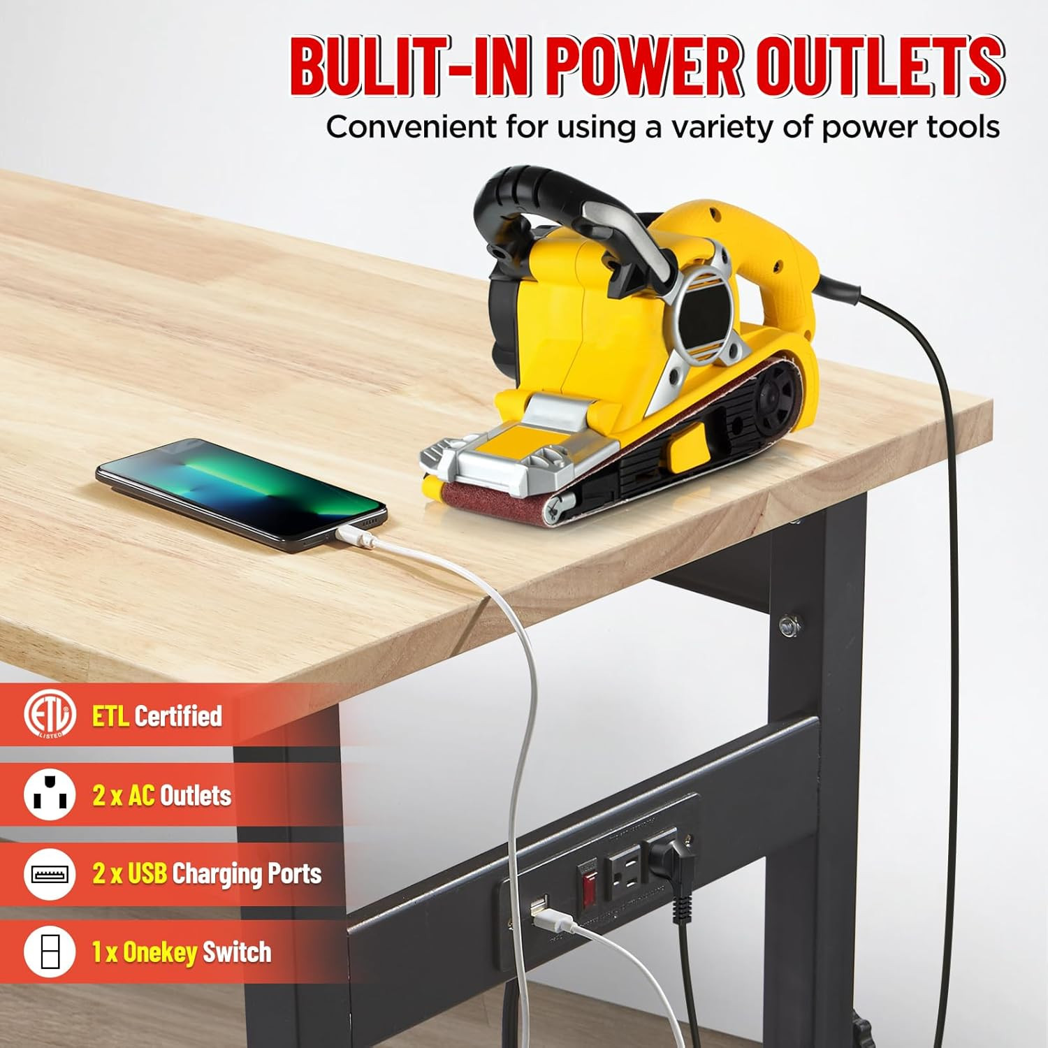48" Adjustable Work Bench Garage Workbench with Power Outlets, 2200 Lbs Capacity
