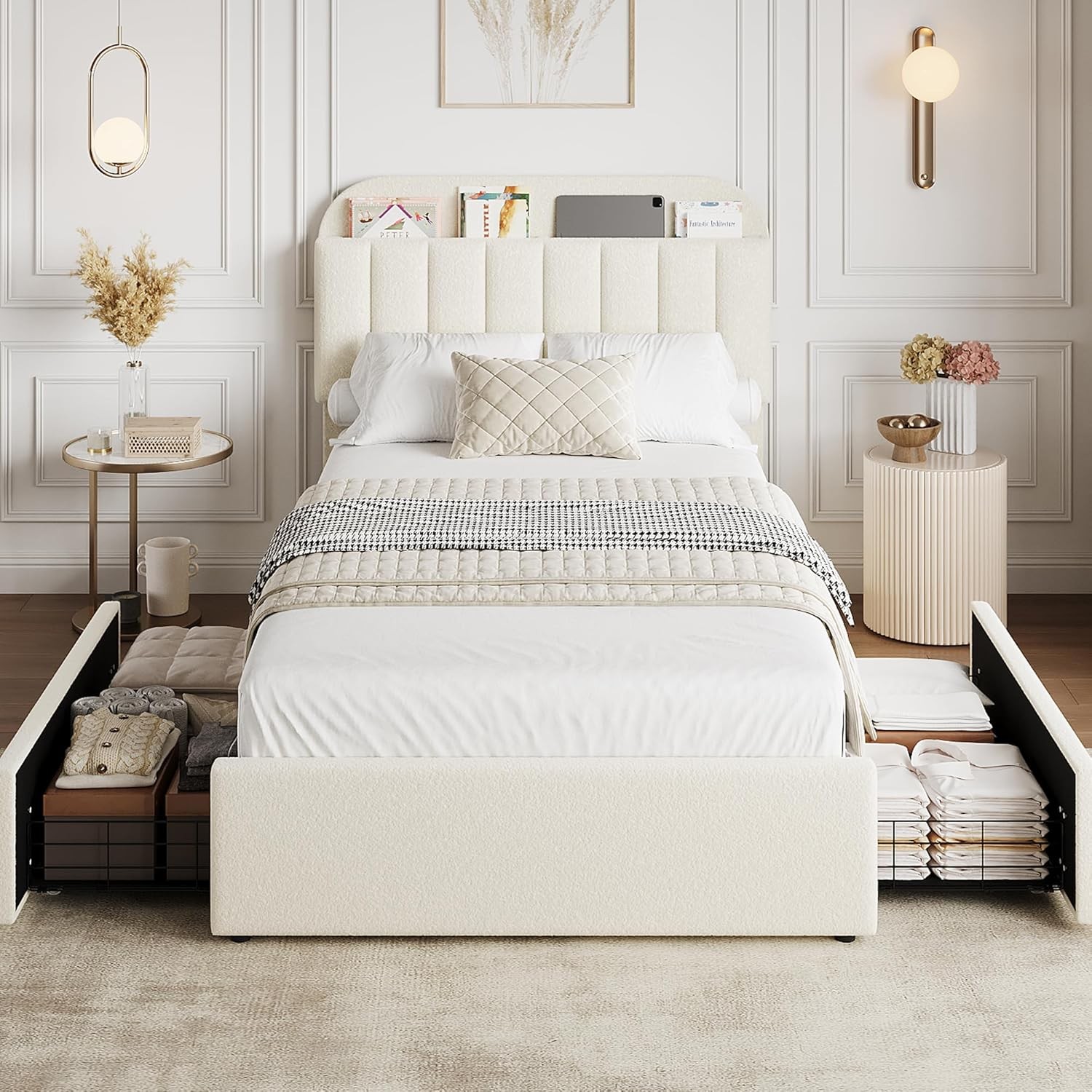 Beige Twin Size Bed Frame Upholstered Platform Bed with Headboard & 2 Drawers
