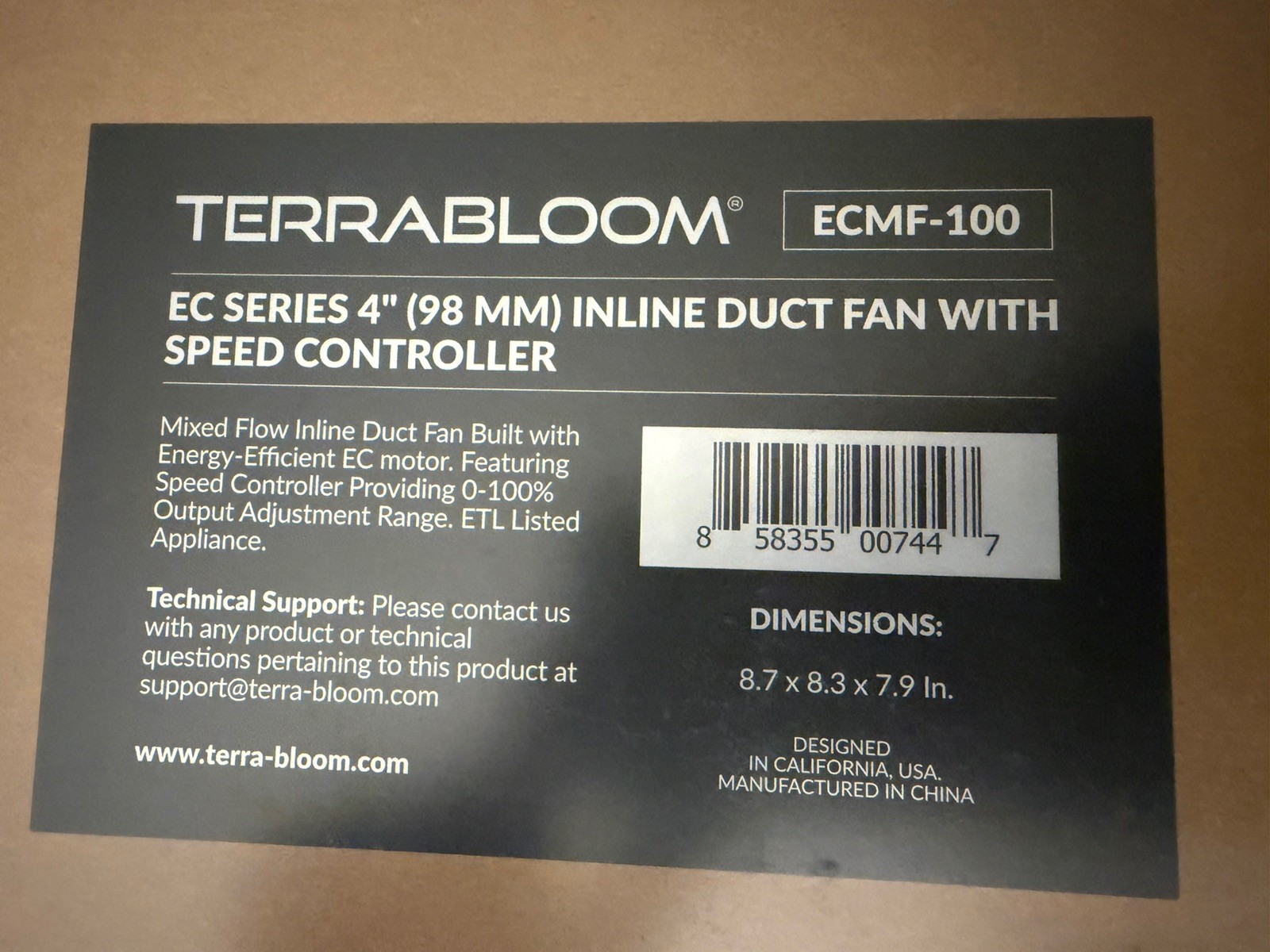 TerraBloom EC Series 4 Inch Inline Duct Fan With Speed Controller ECMF-100 NEW