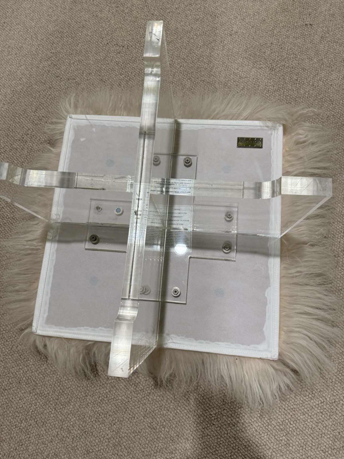 Jonathan Adler Mongolian Lamb Bench Acrylic Base Upholstered White Fur