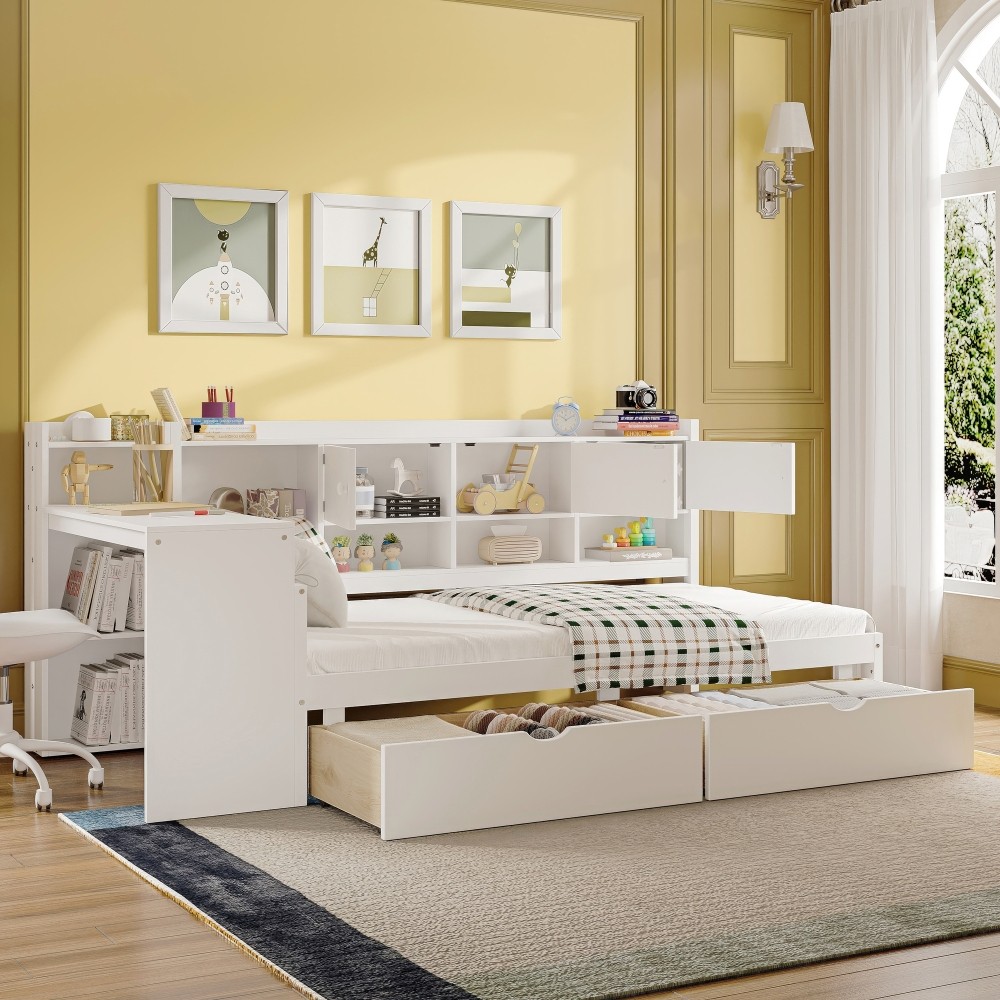 White L-Shape Daybed w/ Storage Cabinets & Desk, Twin Size