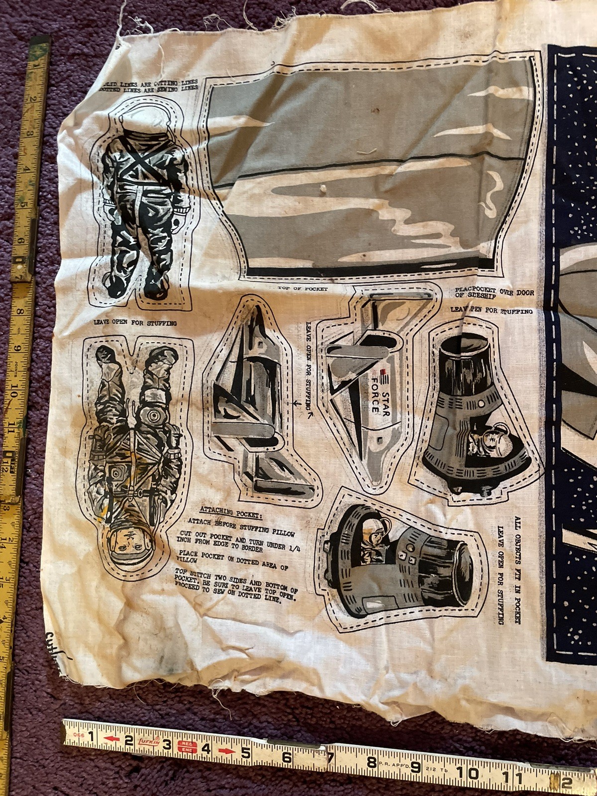 VINTAGE Star Force Fabric Pattern Pillow Astronaut Spaceship 1970s