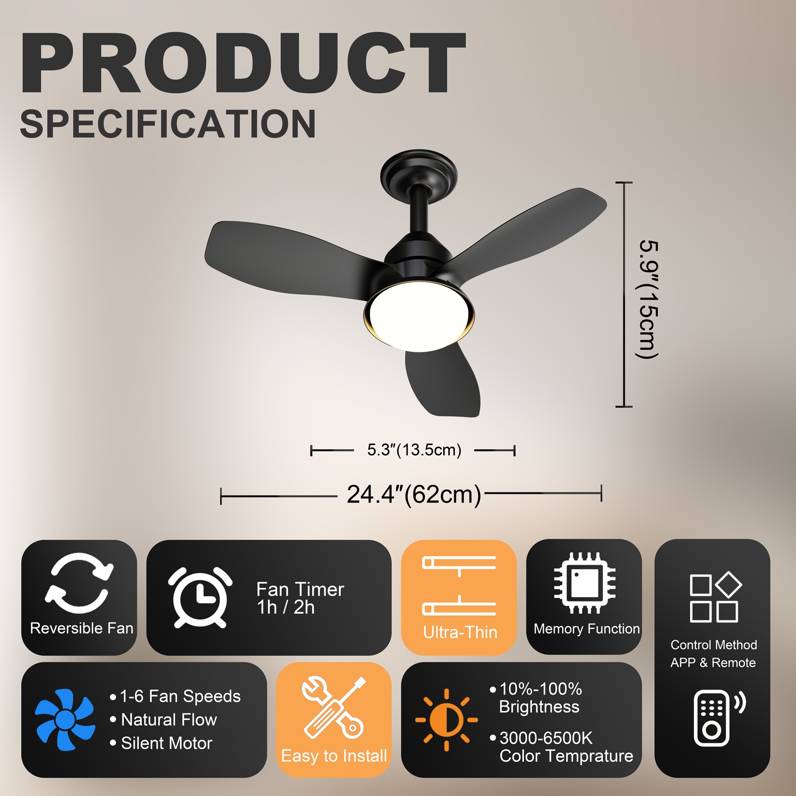 24.4" Black Ceiling Fan with Light, 3 Blades, 6-Speed, Dimmable LED