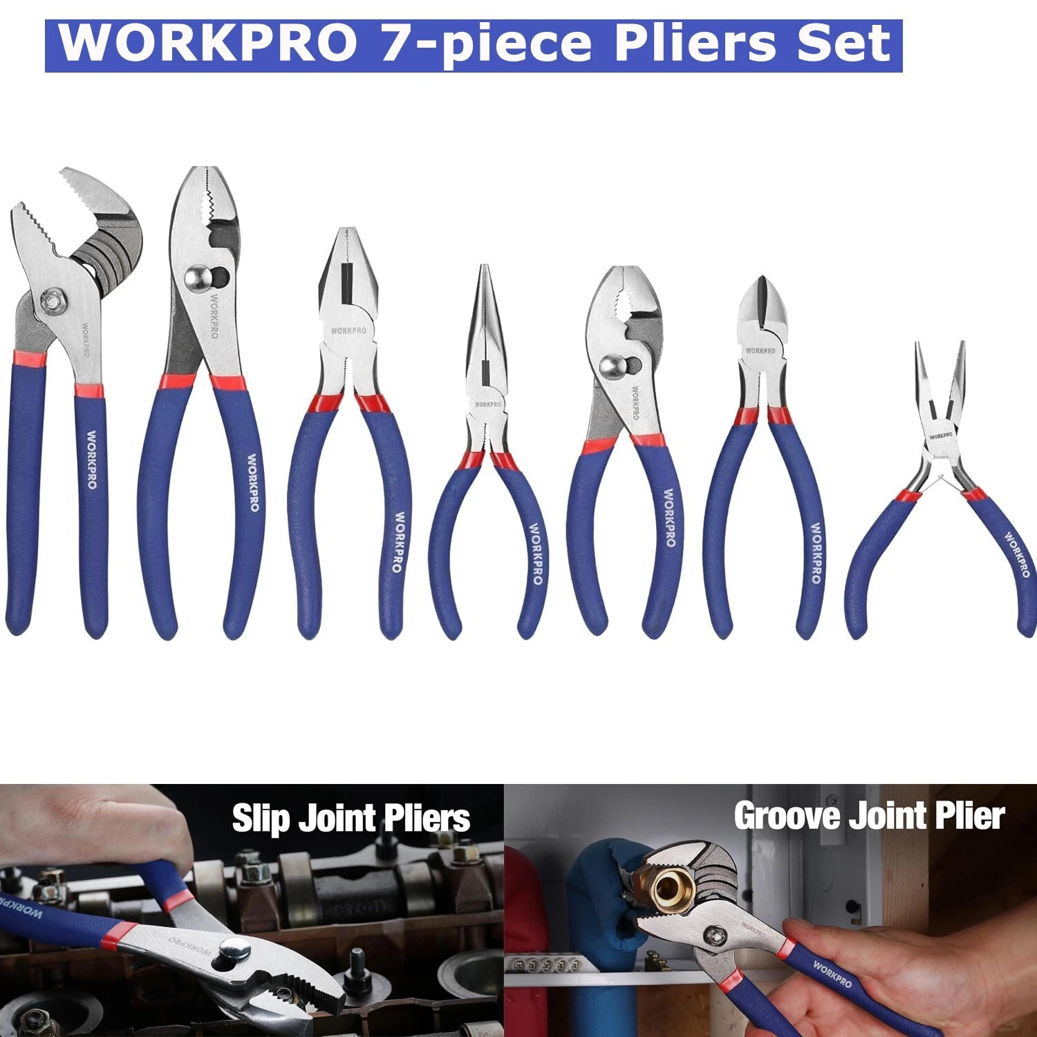WORKPRO 7-piece Pliers Set Drop Forged Polished Steel for DIY & Home Use USA