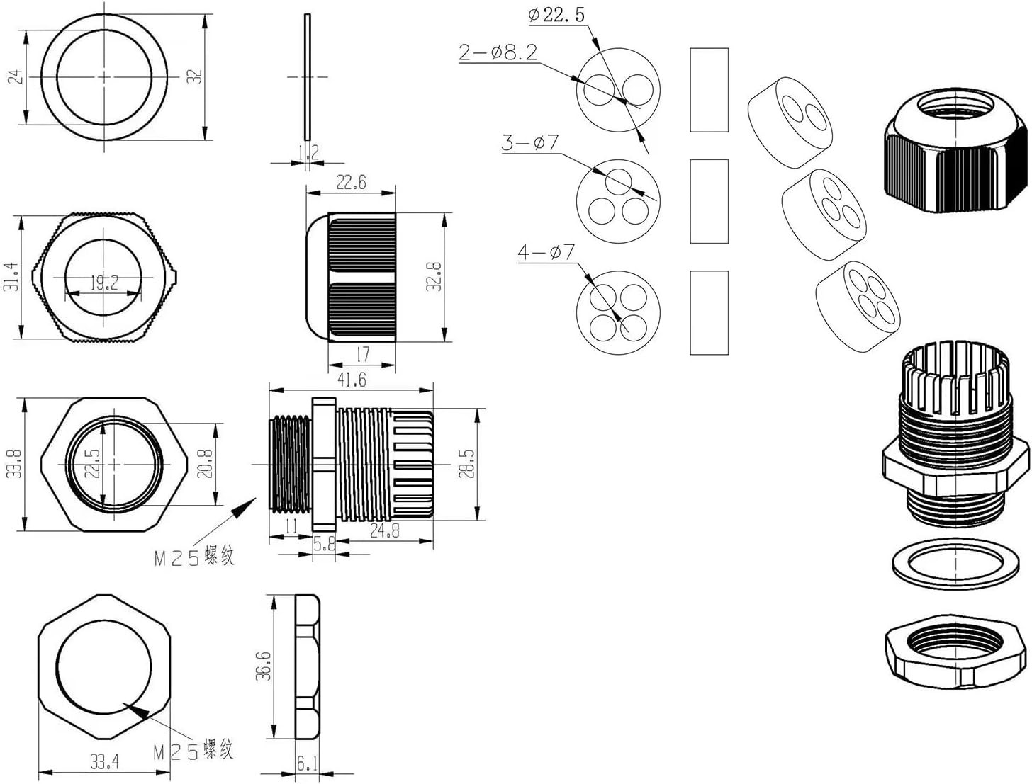 Waterproof Multi-Hole Nylon Cable Glands for Electrical Enclosure 4 Holes 3pcs