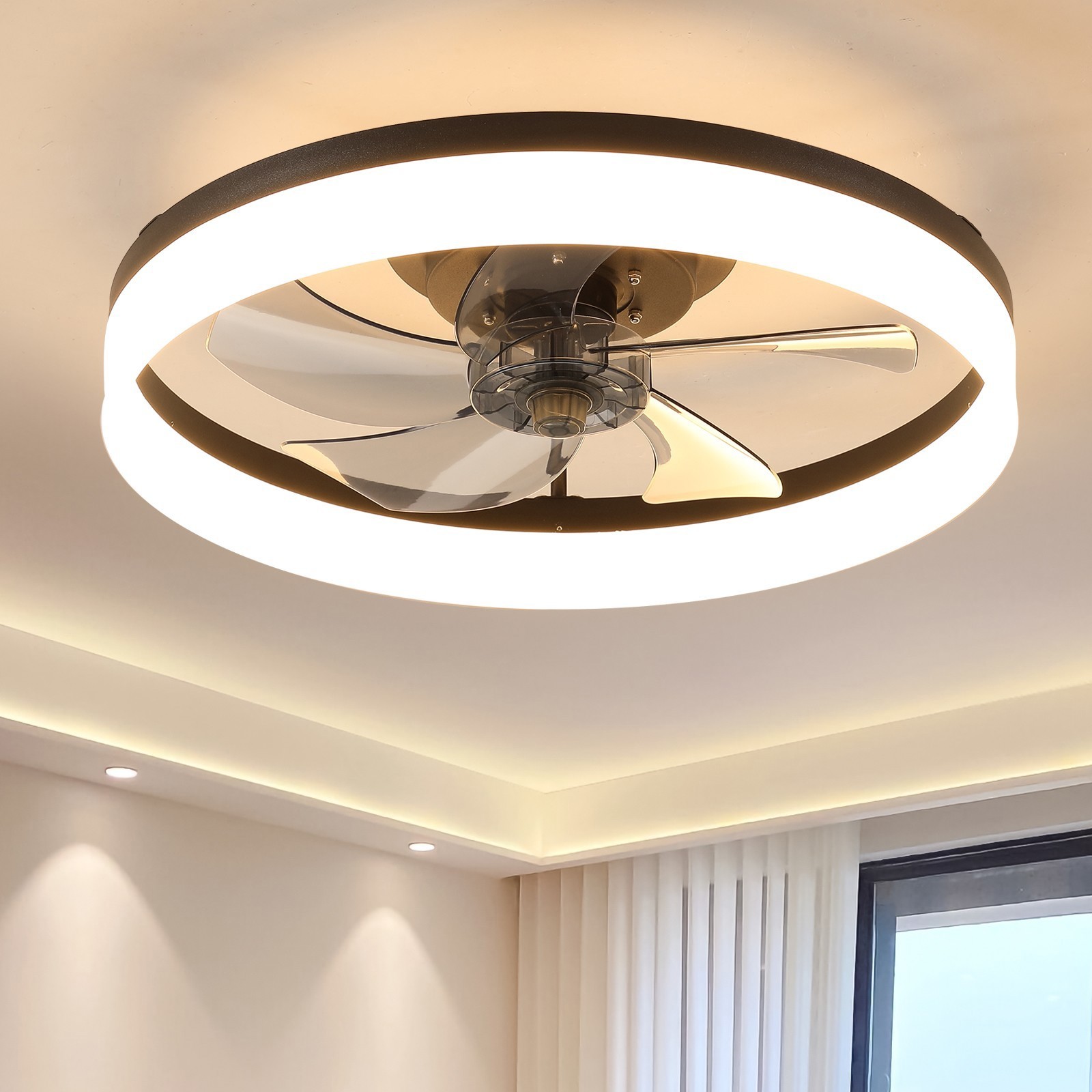 20 inch Black Flush Mount LED Ceiling Fan with Light Remote APP Control Modern