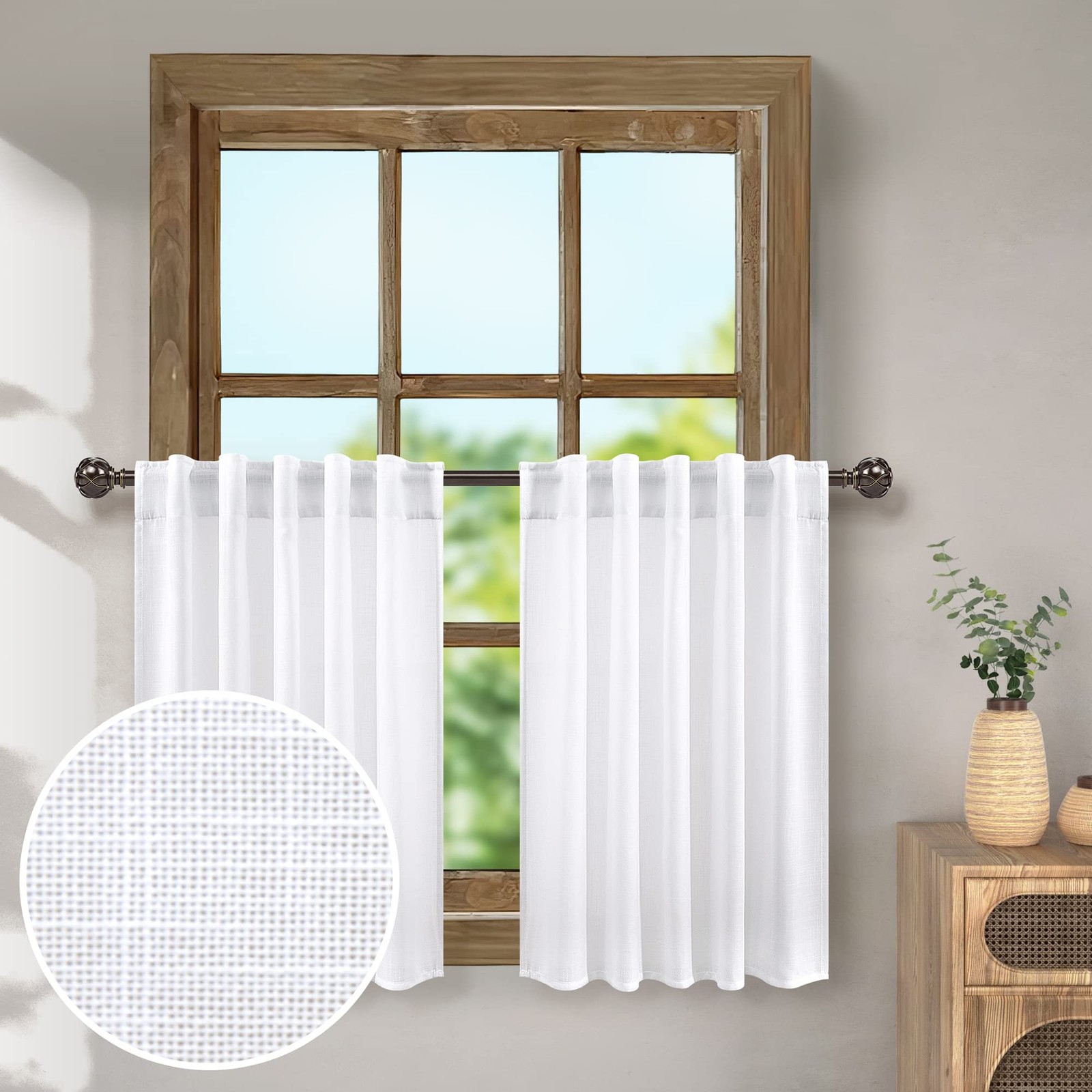 30" Boho Semi Sheer Curtains for Small Windows, Back Tab & Rod Pocket, 2 Panels