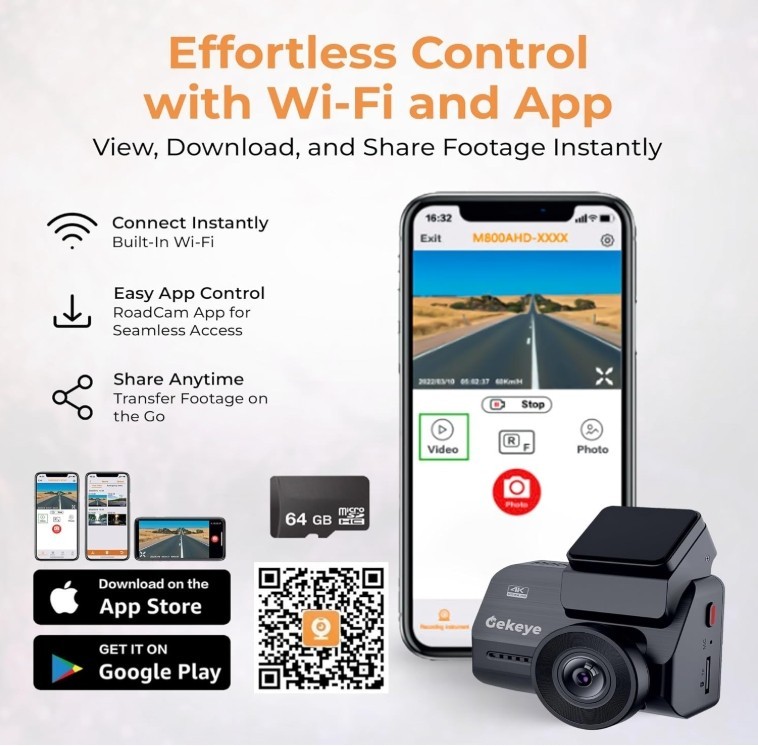 Gekeye 4K+1080P Dual Dash Cam w/ WiFi GPS Night Vision + 64GB SD | New Sealed