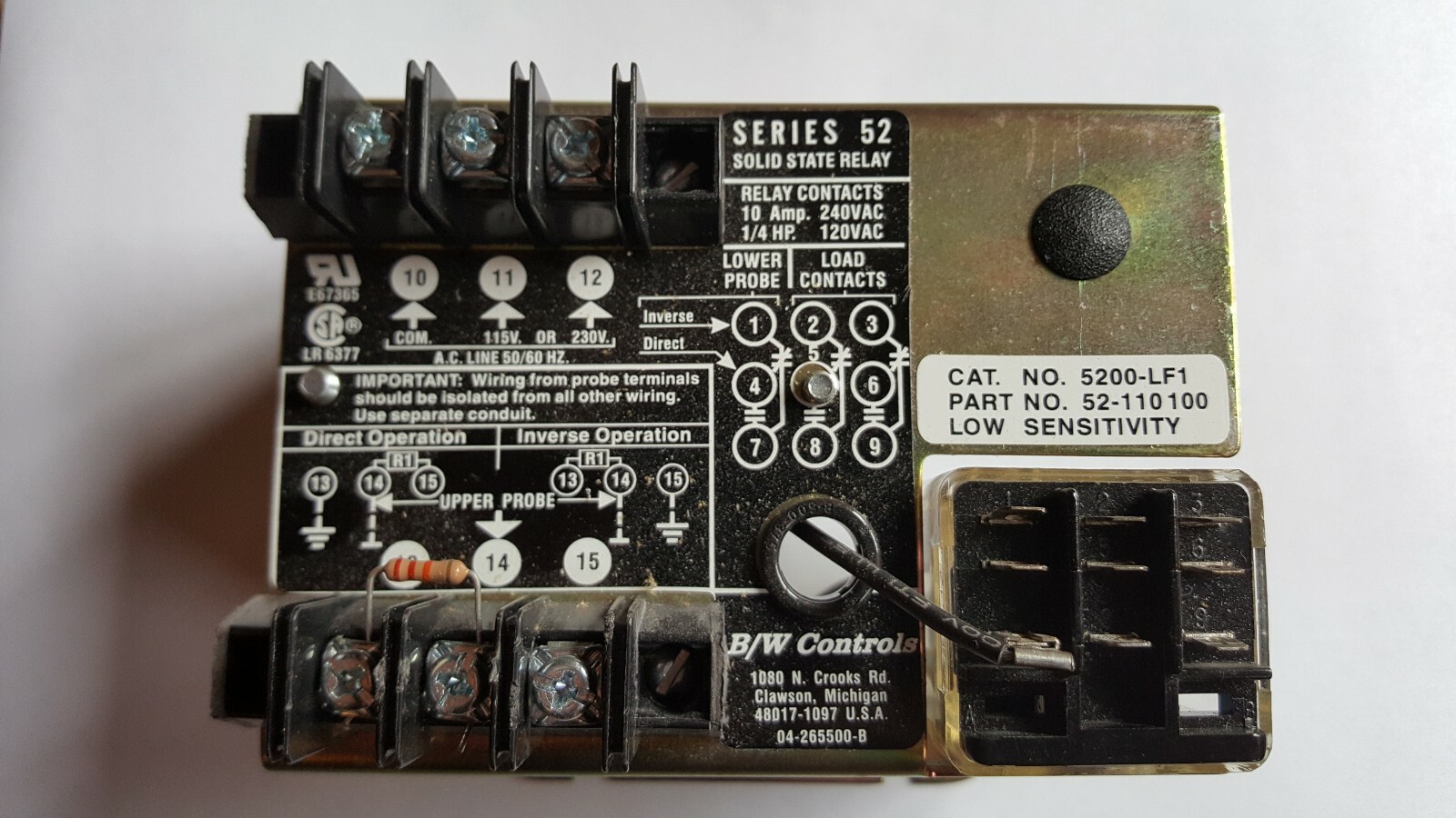 B/W CONTROLS SERIES SOLID STATE RELAY CAT NO.  5200-LF1 Part No. 52-110 100