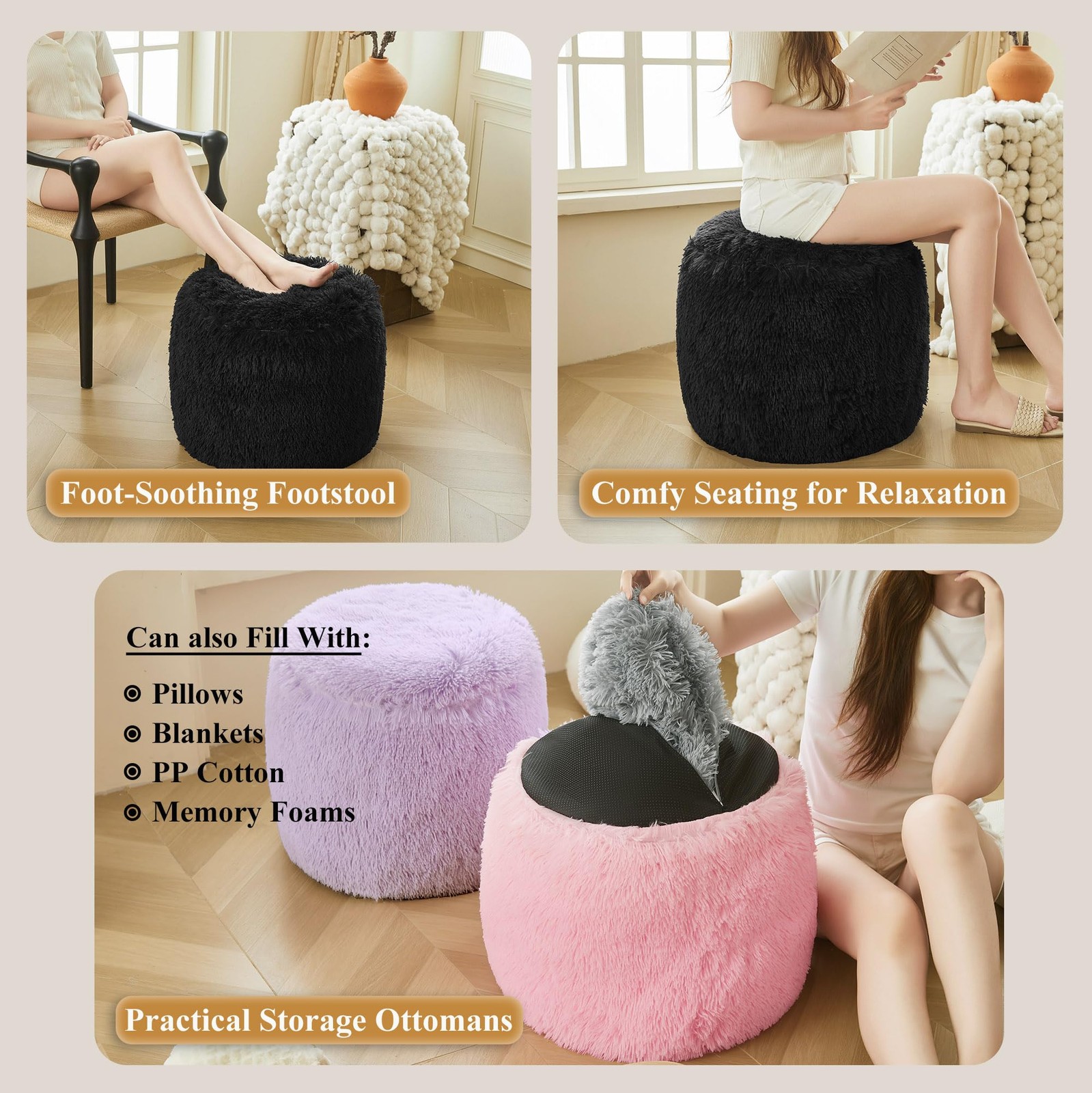 Fluffy Faux Fur Inflatable Pouf Ottoman, Comfy Portable Shaggy Fuzzy Foot Sto...
