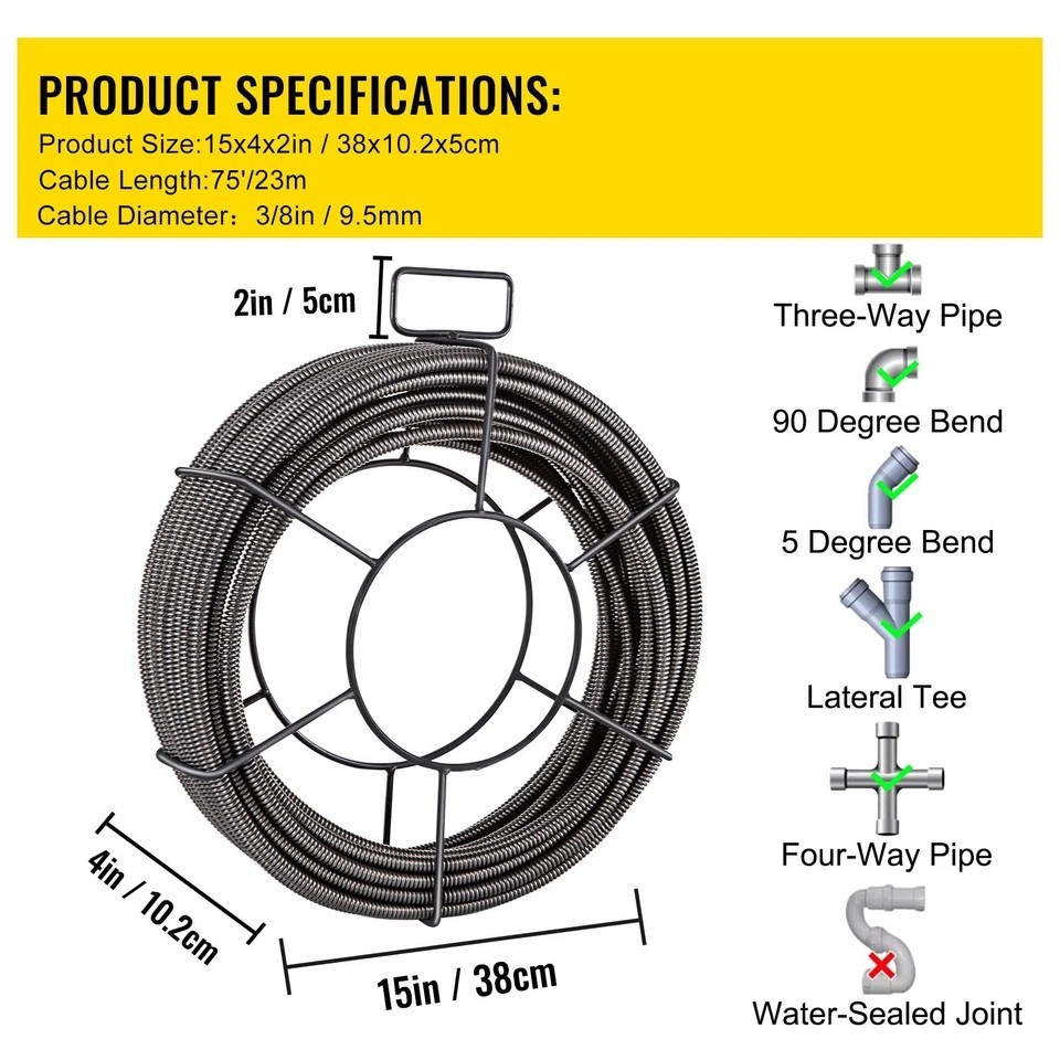 Drain Auger Cable 75ft 3/8" Drain Cleaning Cable Snake Sewer Pipe Cleaner