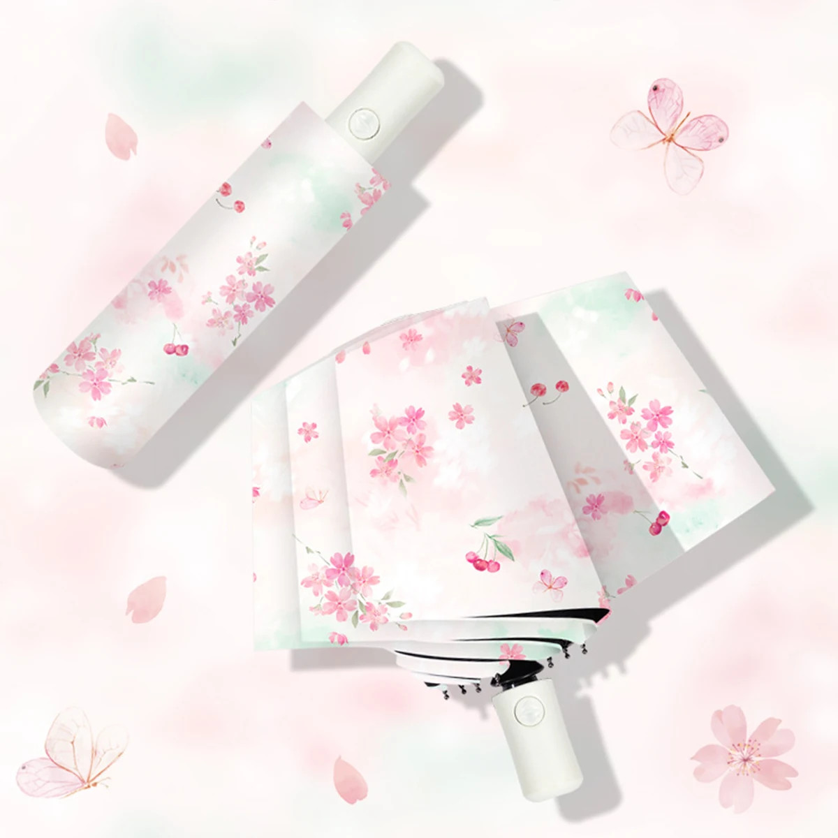 Falling Cherry Blossoms Colorful Printed Pattern Umbrella Fully Automatic Umbrel