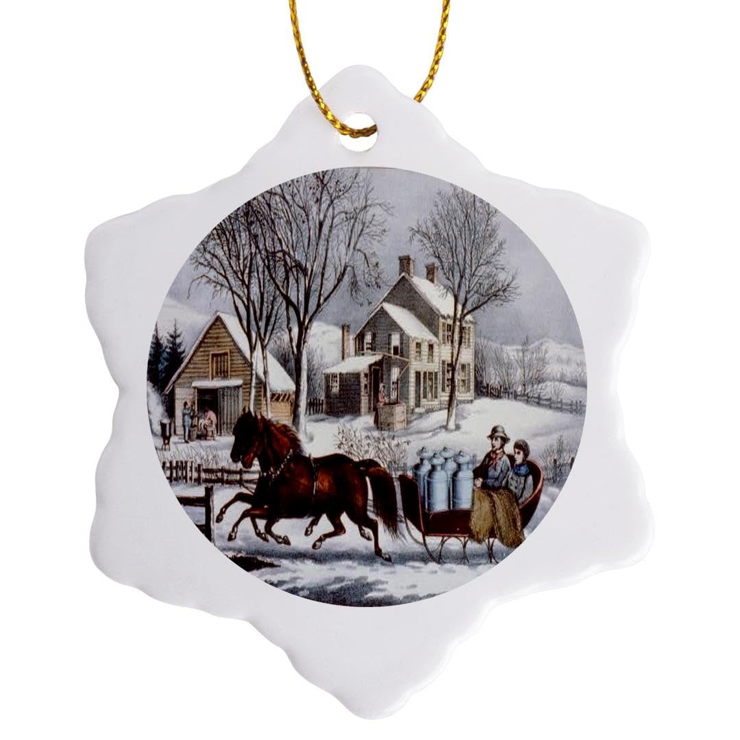 3dRose Snowflake Ornament - Vintage Currier & Ives Sleigh Winter - 3-inch