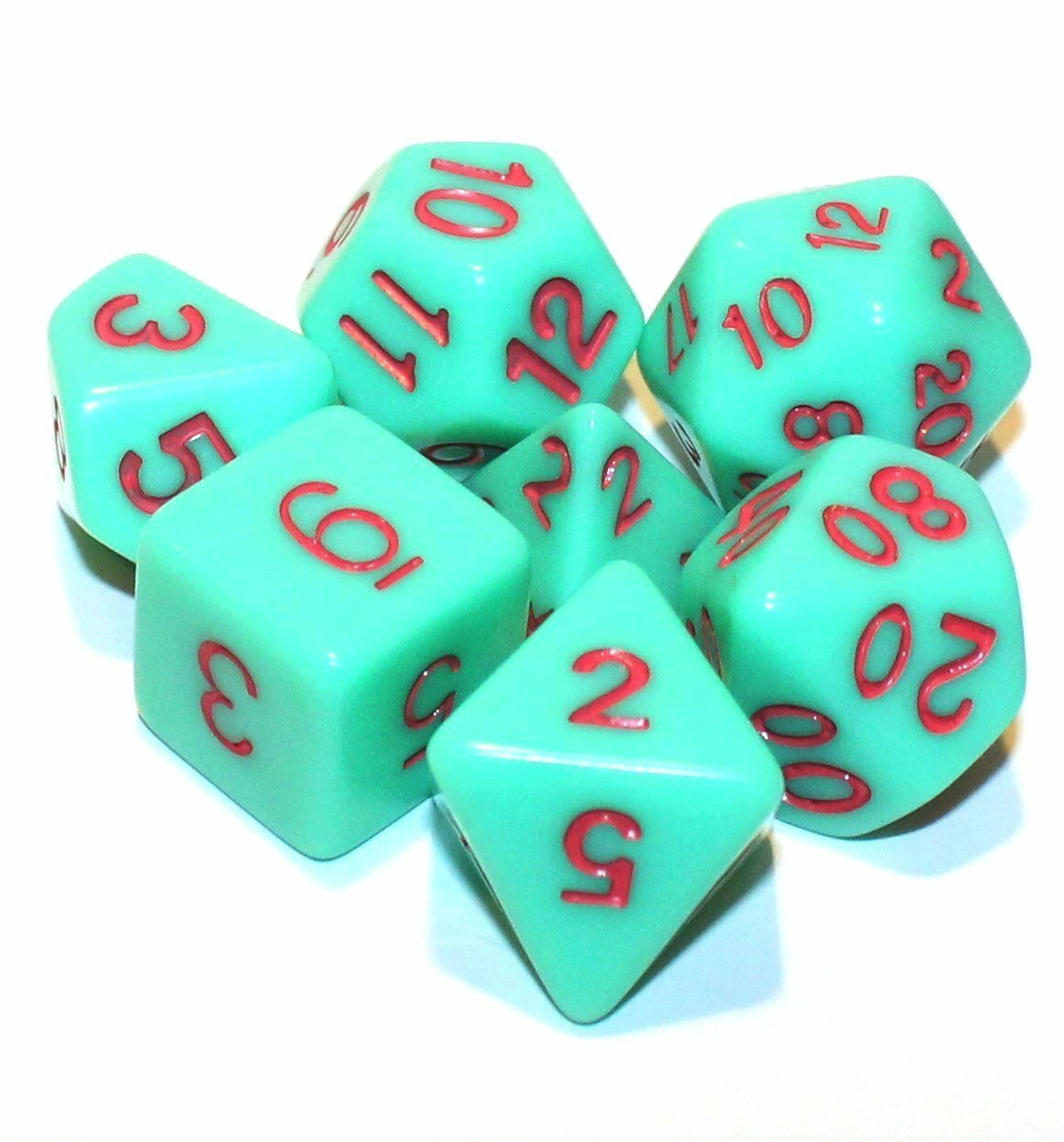 7 Piece Opaque Polyhedral Dice Set w/ Bag – Green w/ Red Numbers