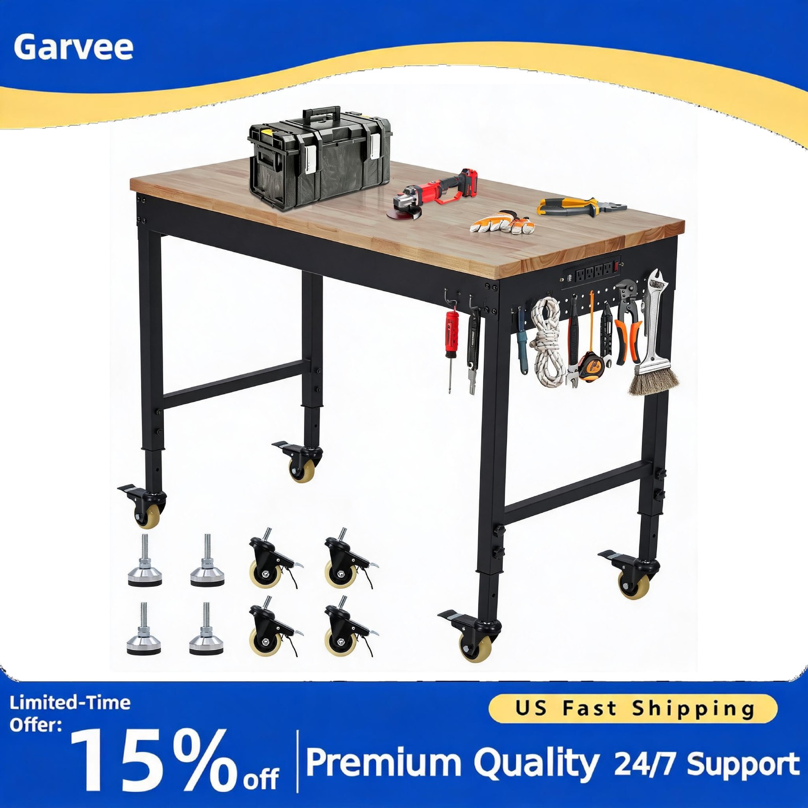 72" Heavy Duty Workbench 2000 LBS Rubber Wood Table with Pegboard & Outlets