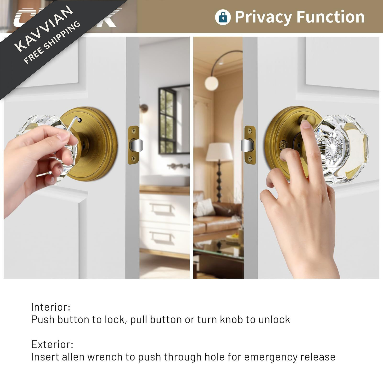 CLCTK Antique Brass Door Knobs Glass Interior with