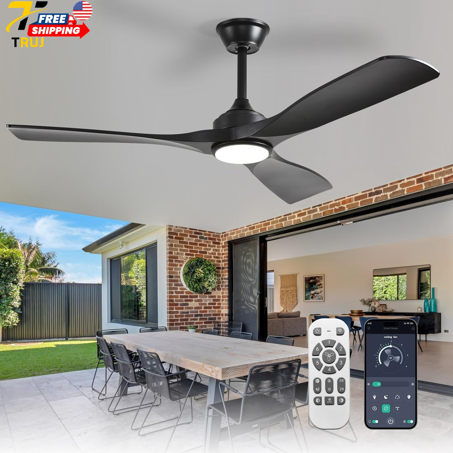 52-Inch Ceiling Fan with Light: Black 3 Blade Outdoor Fans for Patios Dimmable