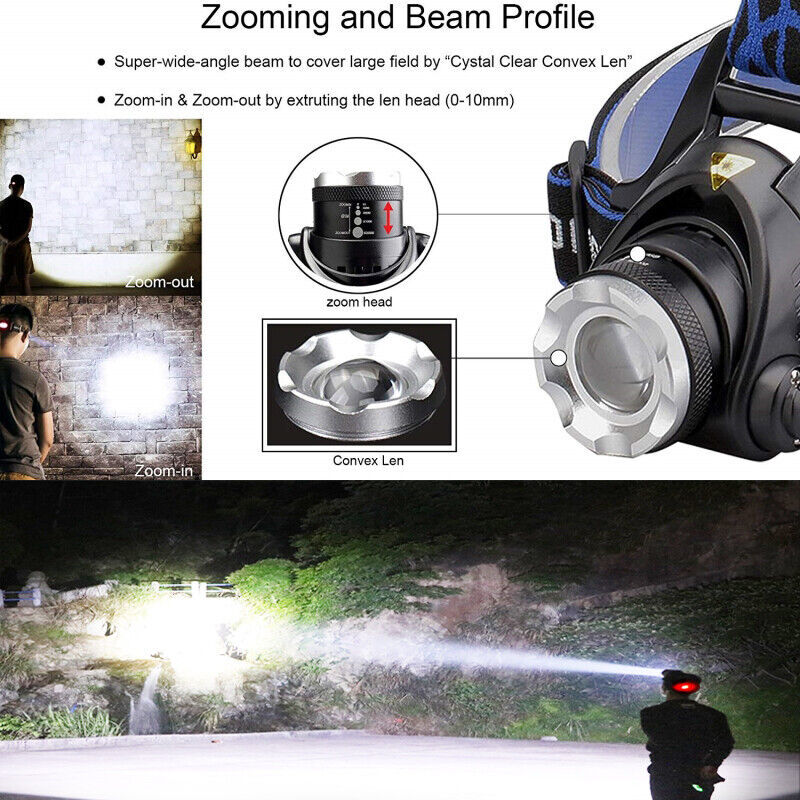 990000LM LED Headlamp Rechargeable Headlight Zoomable Head Torch Lamp Flashlight