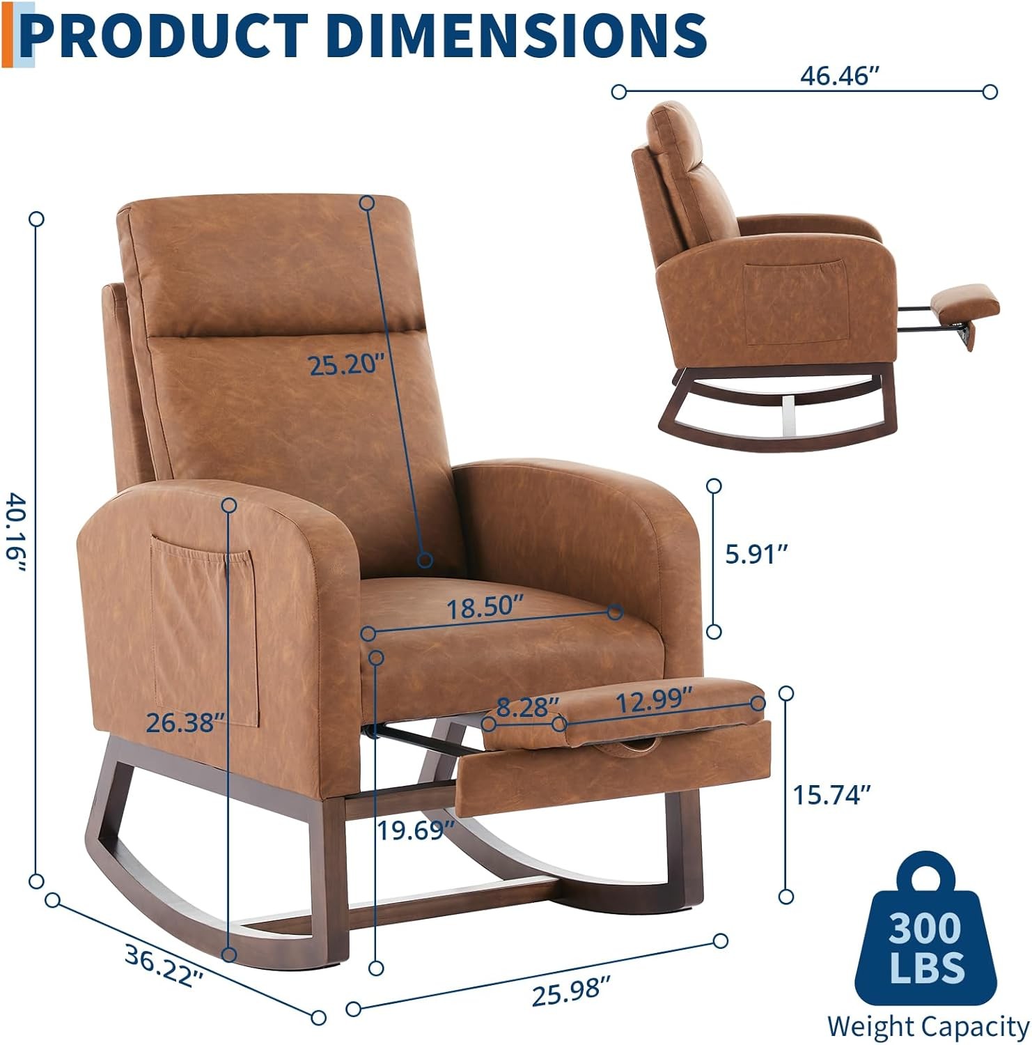 Rocking Chair with Foot Rest Recliner Armchair with High Backrest Side Pocket