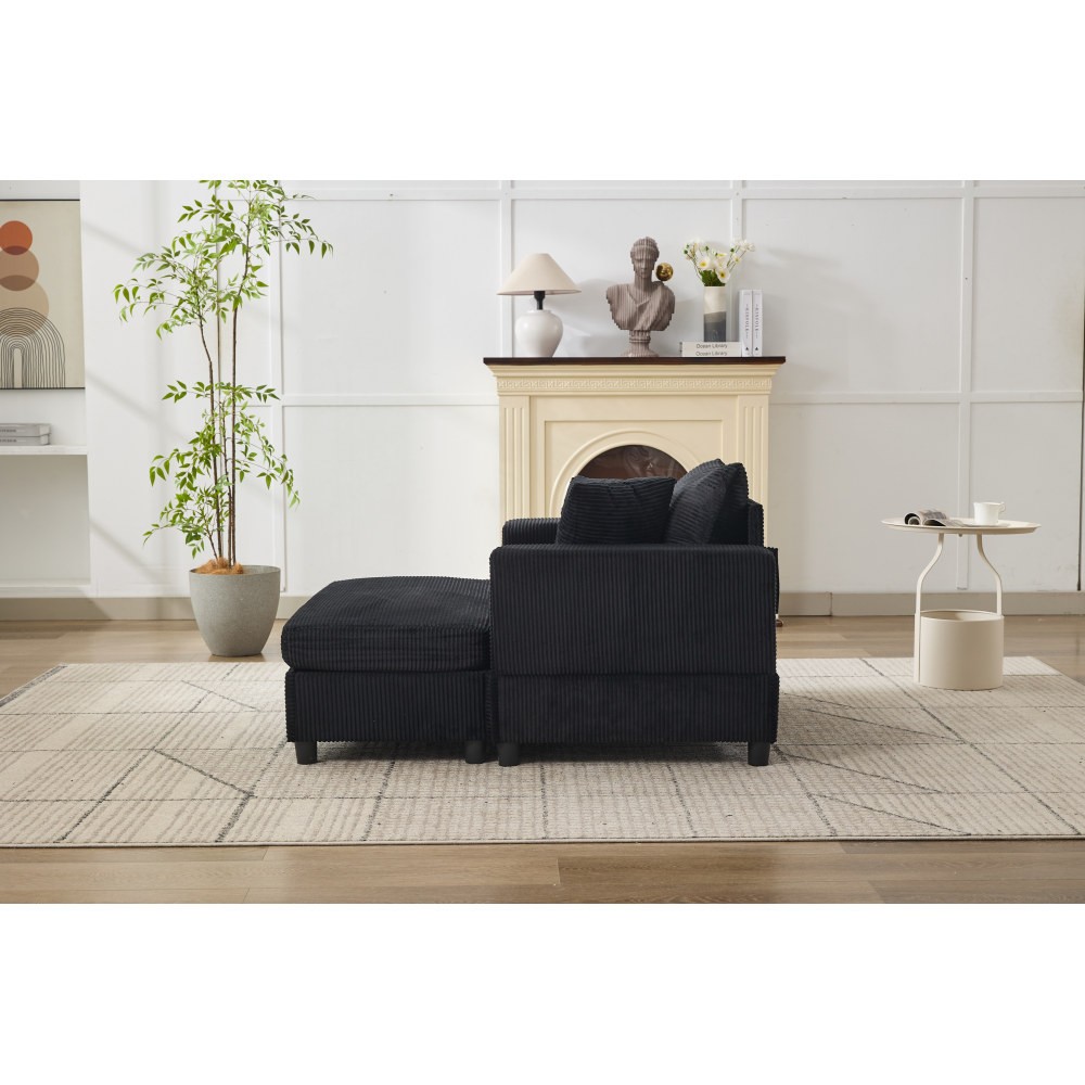 Modern Chaise Lounge Chair w/ Removable Ottoman & Pillows, Black Corduroy
