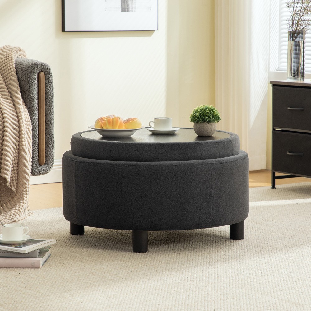 29.33inUpholstered Round Ottoman With Reversible Lid Fleece Fabric Storage Stool
