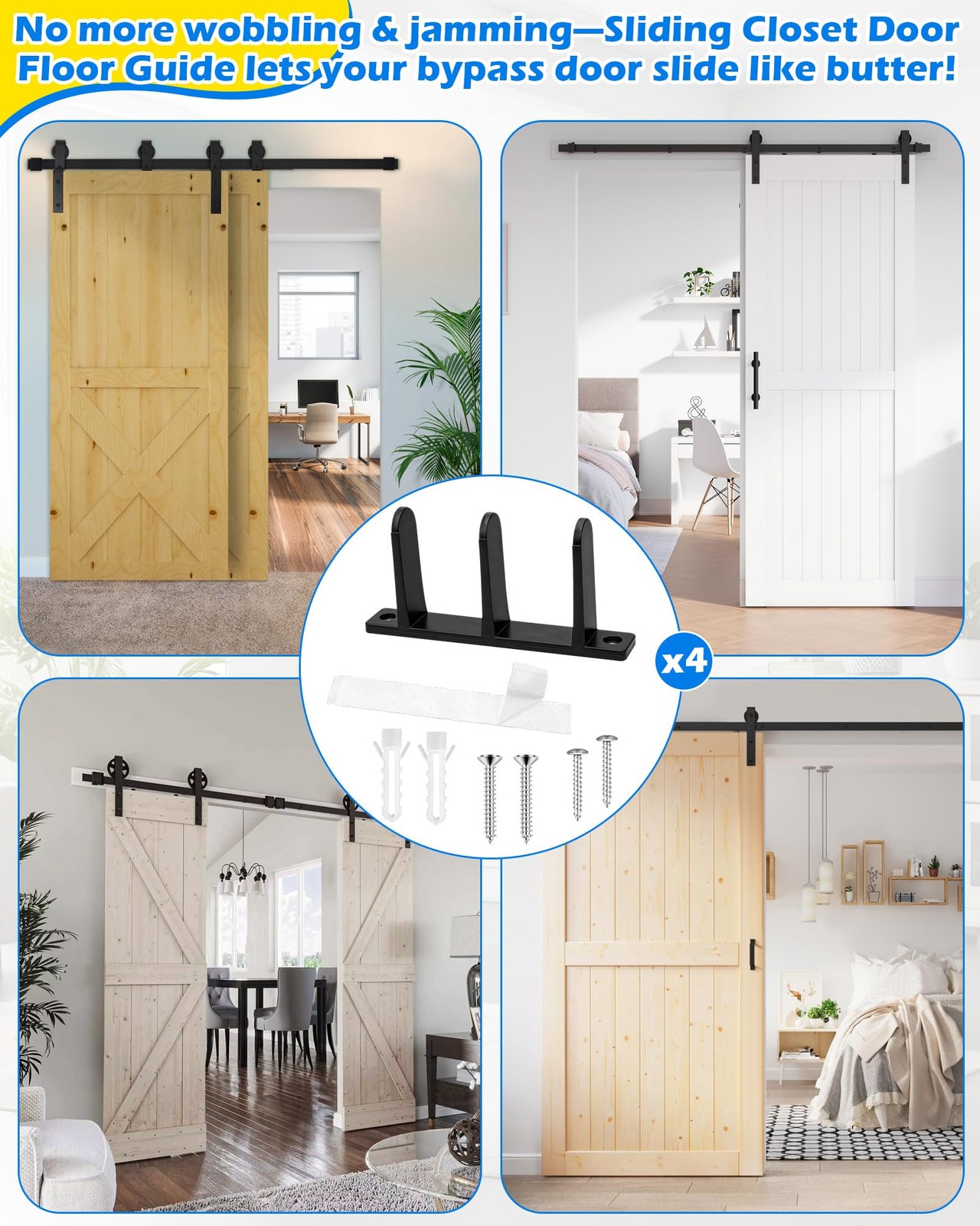 4 Pack Black Sliding Closet Door Floor Guide Universal Bottom Guide Set