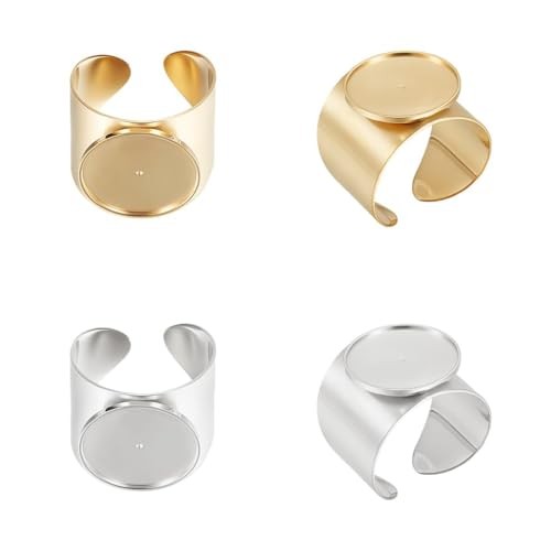 4 Sets 2 Colors Tray 15mm 304 Stainless Steel Open Cuff Finger Ring Blank